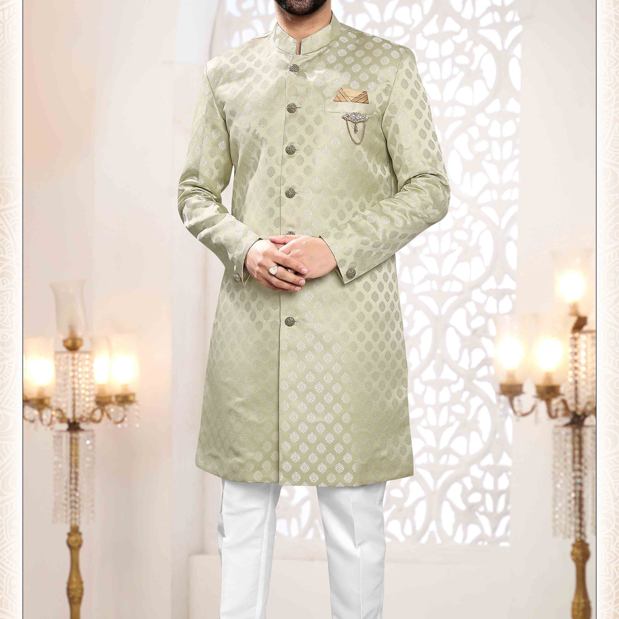 Woven Art Silk Jacquard Sherwani In Green