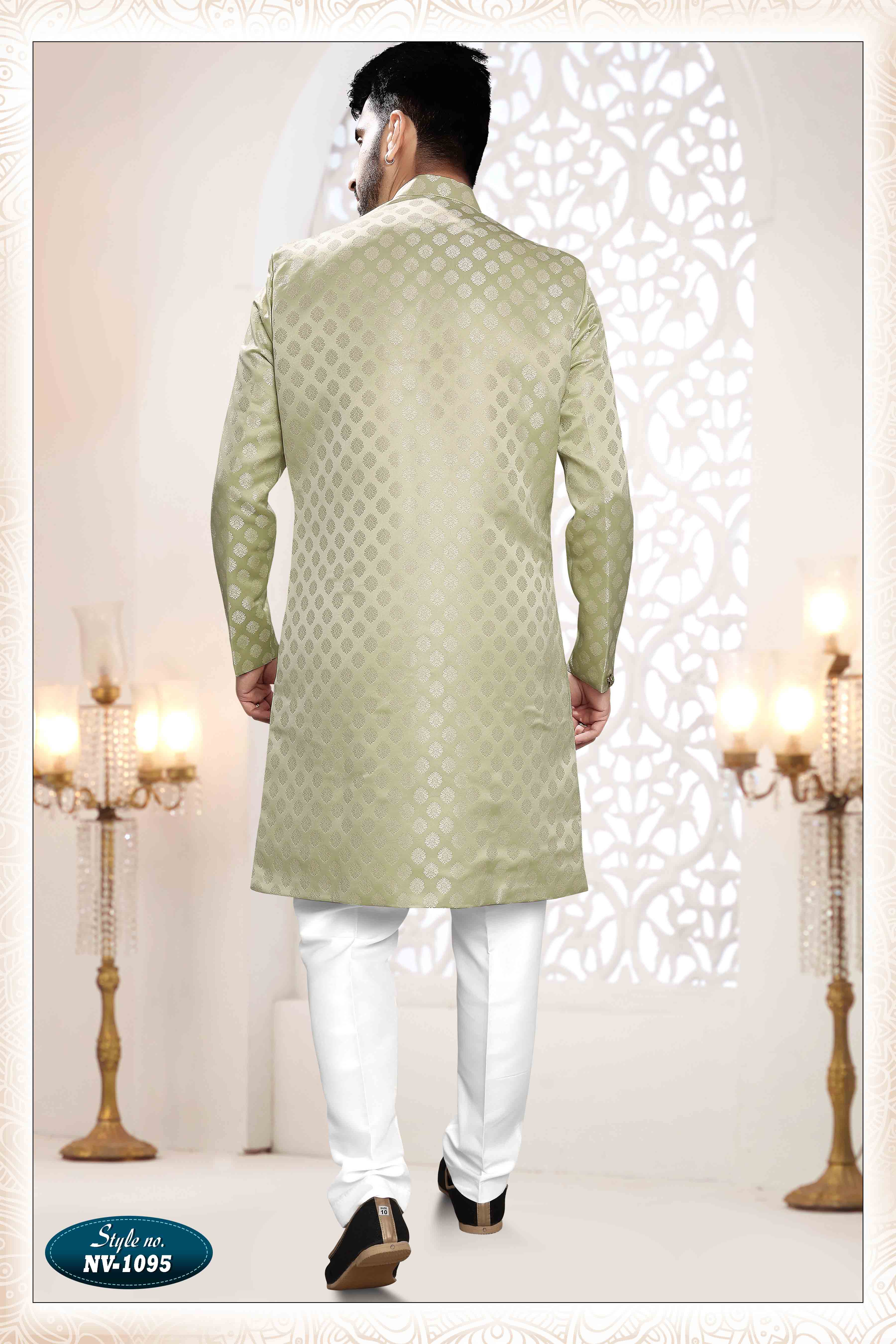 Woven Art Silk Jacquard Sherwani In Green