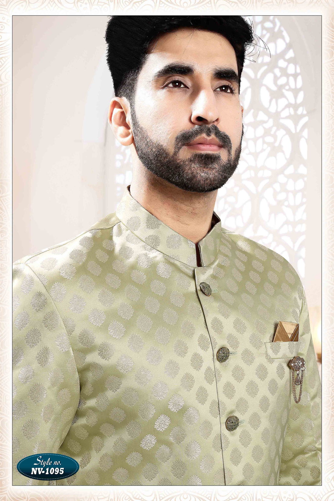 Woven Art Silk Jacquard Sherwani In Green