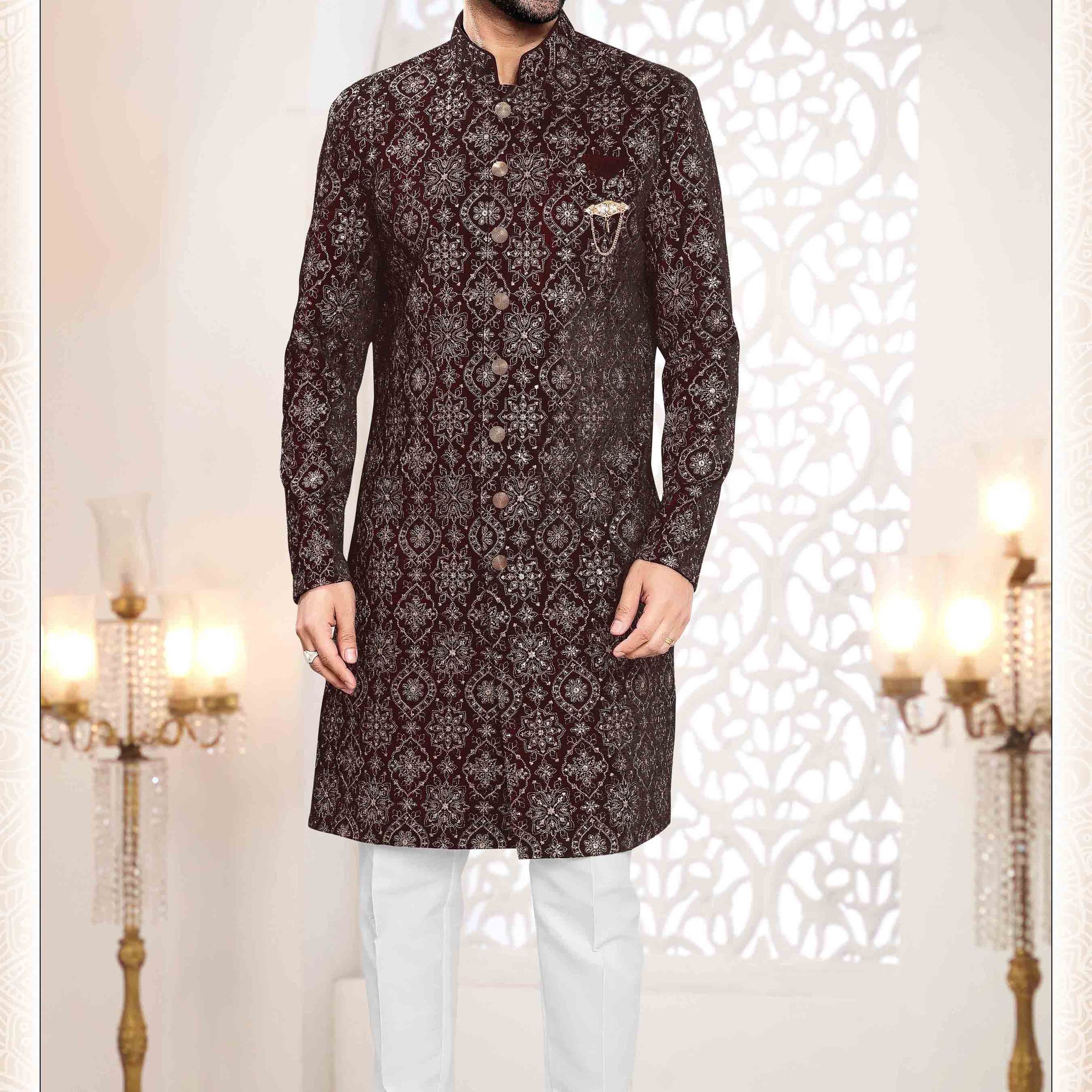 Velvet Sherwani In Maroon
