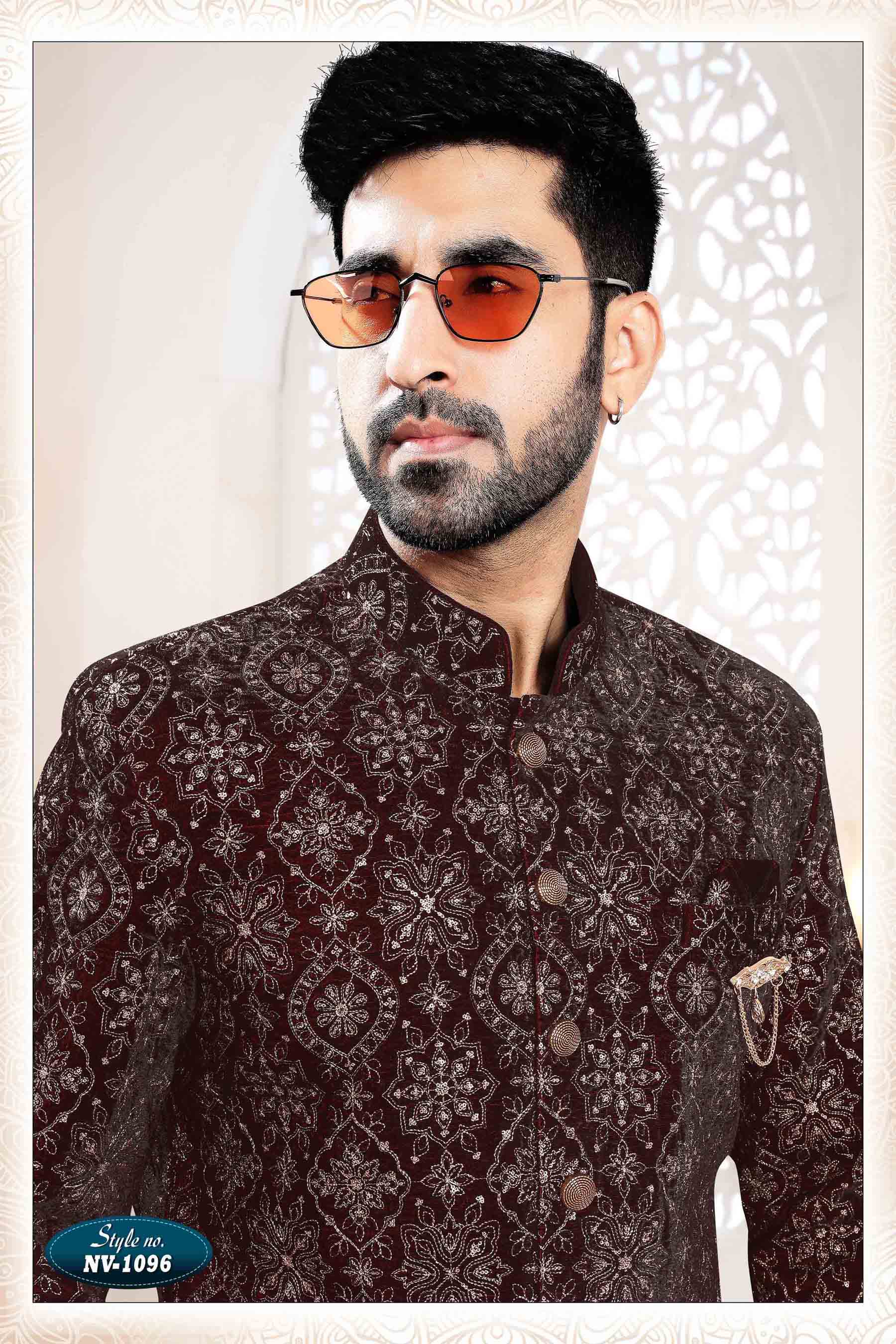 Velvet Sherwani In Maroon