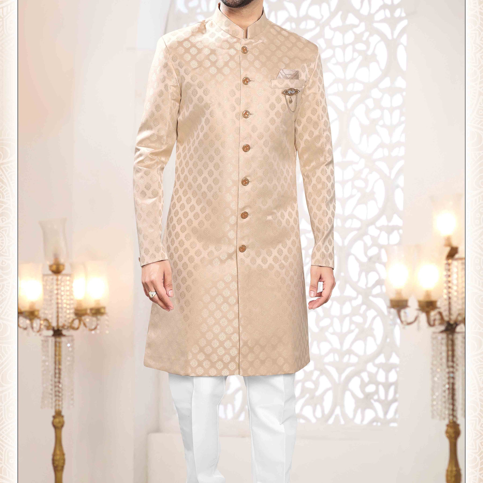 Woven Art Silk Jacquard Sherwani In Cream