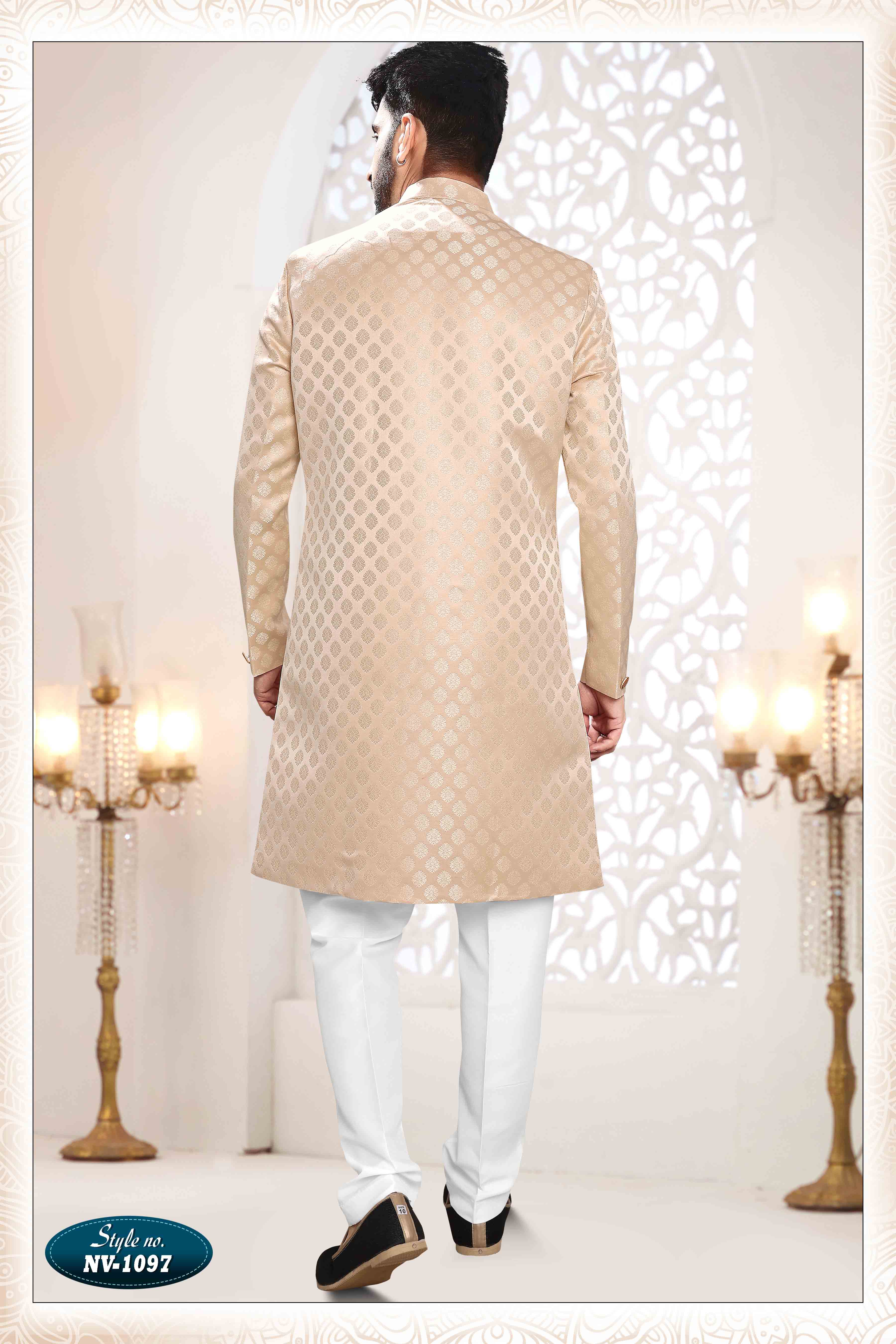 Woven Art Silk Jacquard Sherwani In Cream