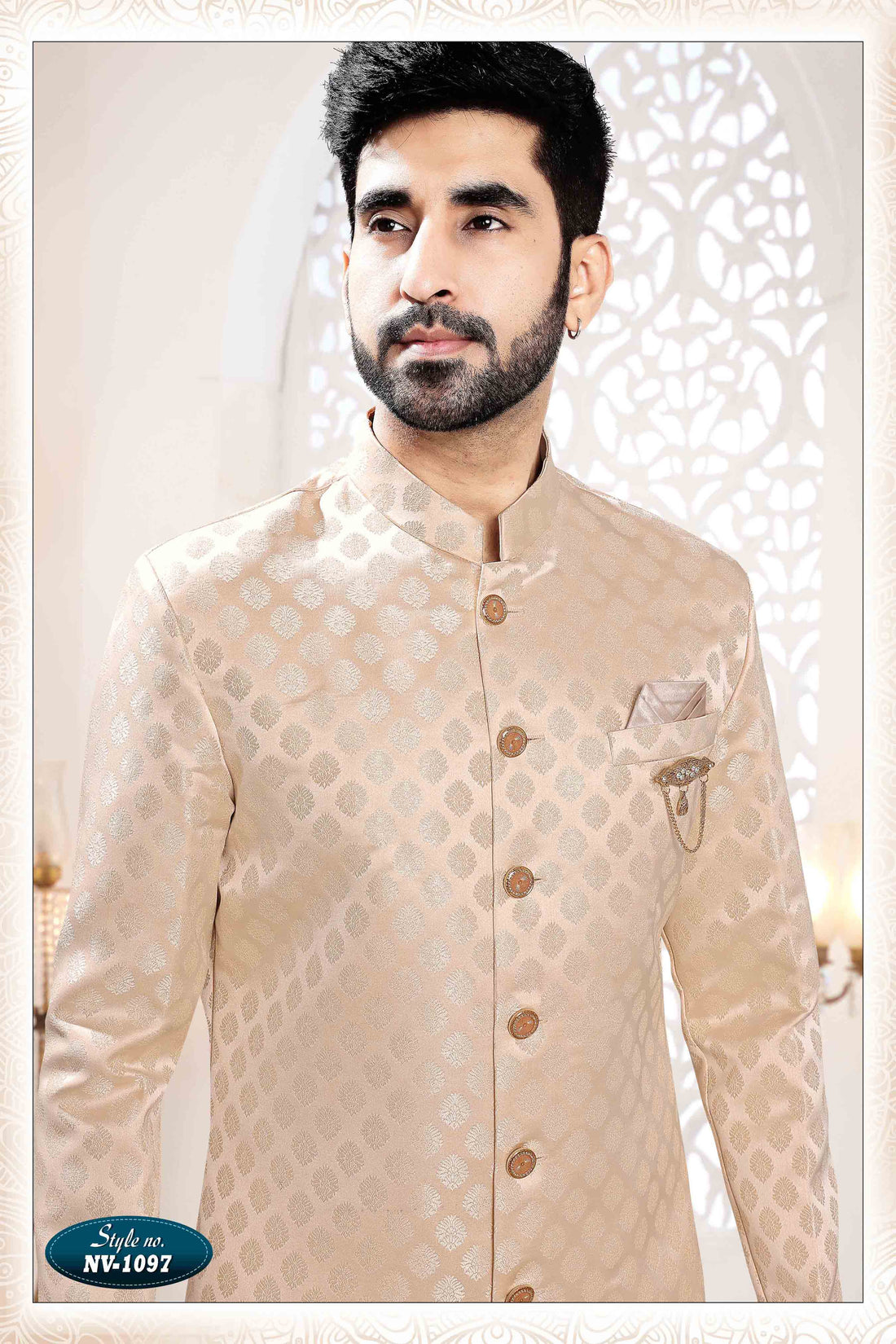 Woven Art Silk Jacquard Sherwani In Cream