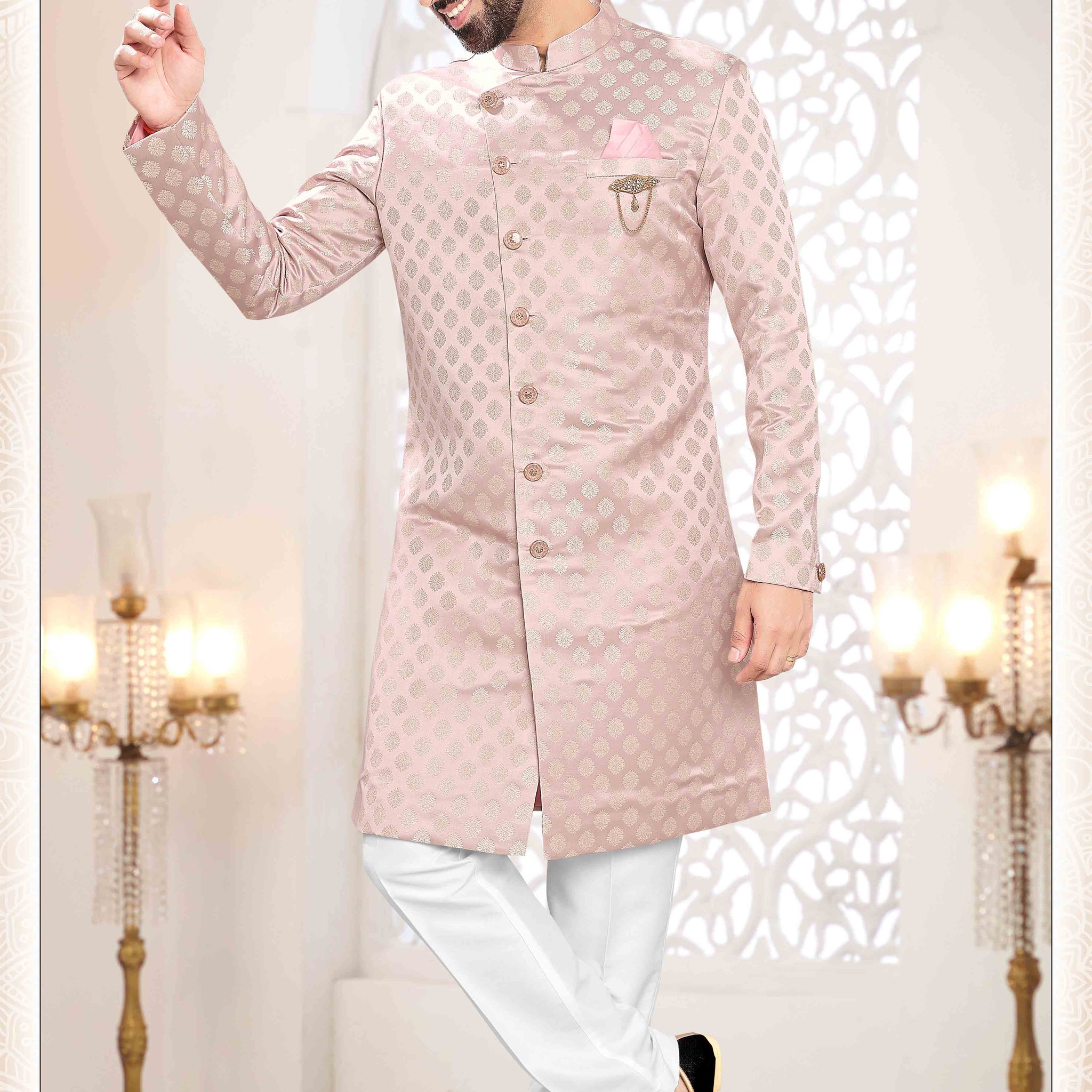 Woven Art Silk Jacquard Sherwani In Pink
