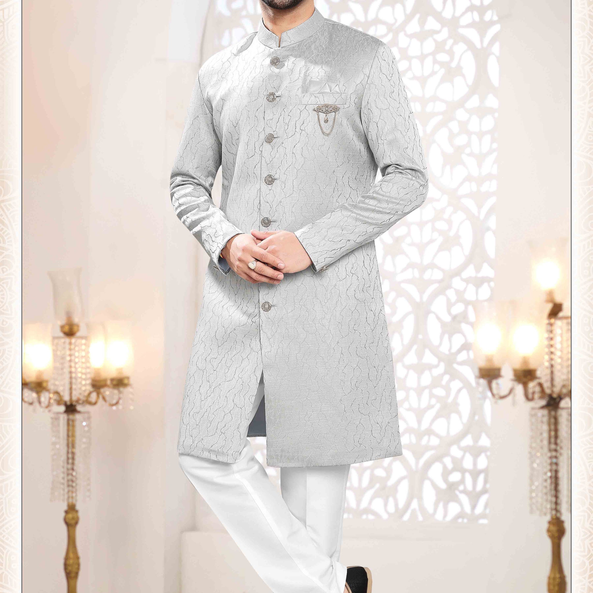 Woven Art Silk Jacquard Sherwani In Grey
