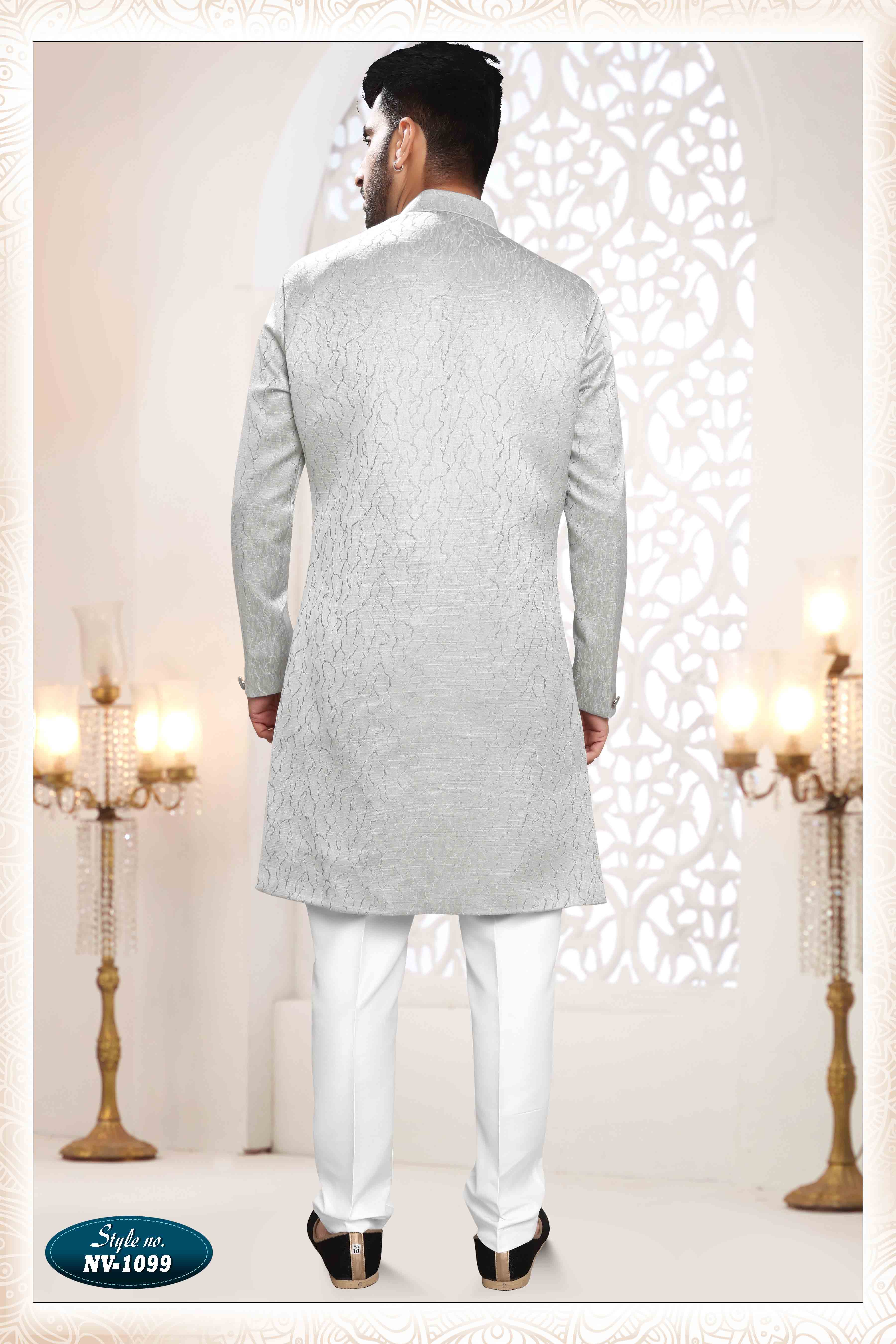Woven Art Silk Jacquard Sherwani In Grey