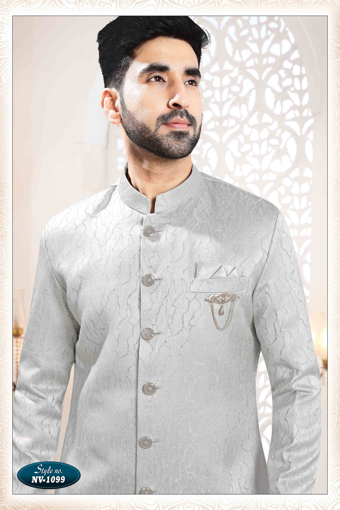 Woven Art Silk Jacquard Sherwani In Grey