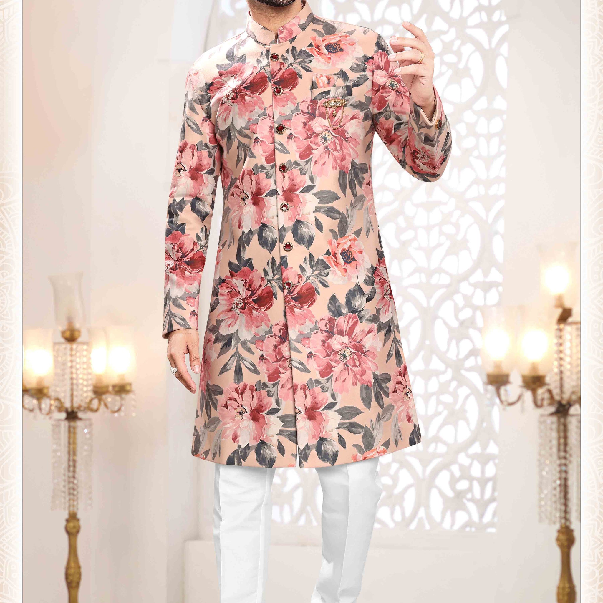 Printed Suede Velvet Shervani In Peach