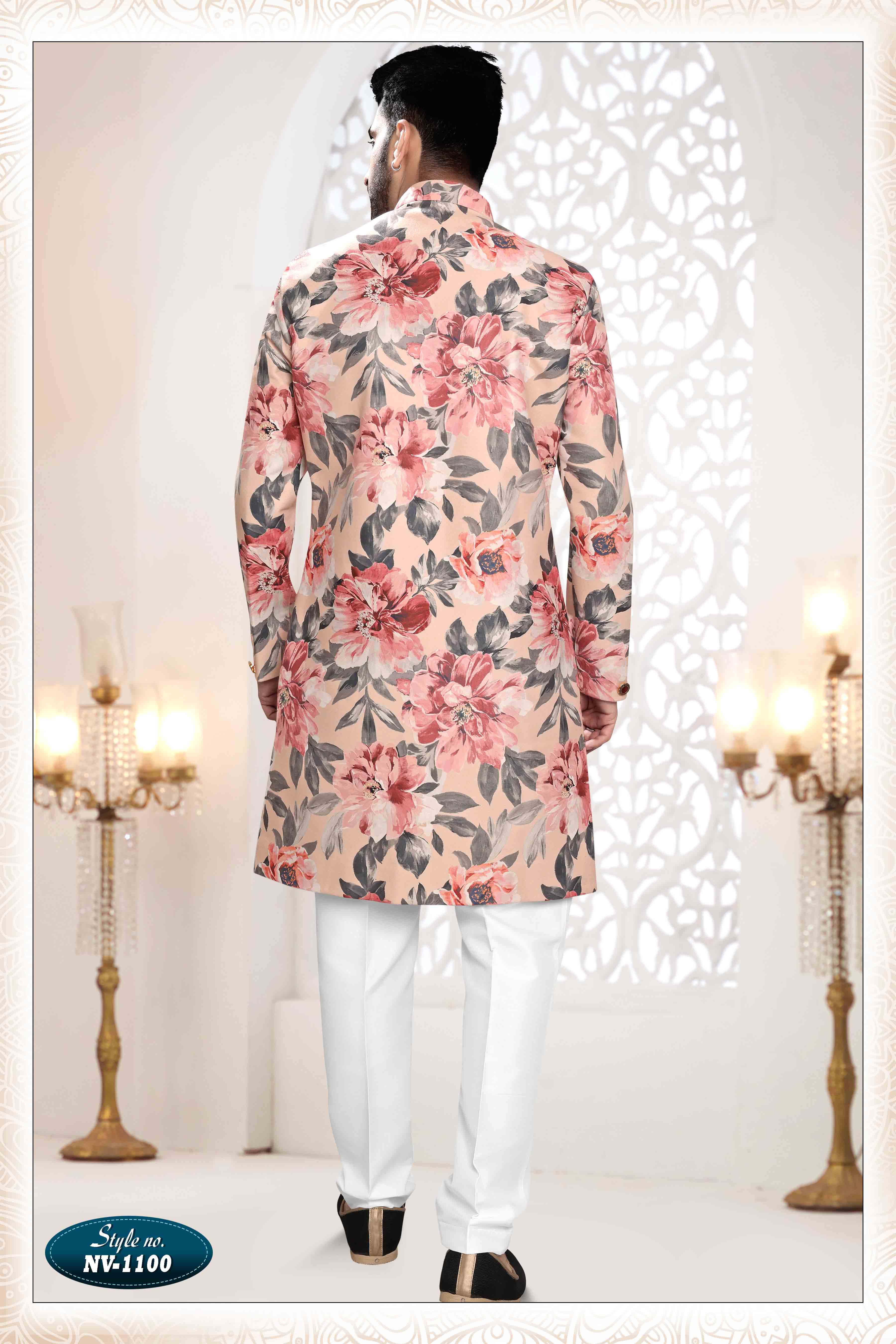Printed Suede Velvet Shervani In Peach
