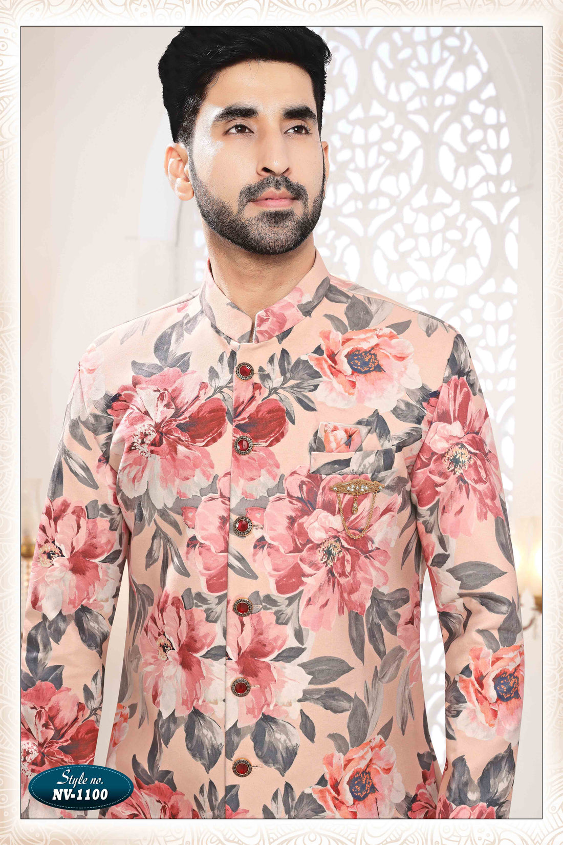 Printed Suede Velvet Shervani In Peach