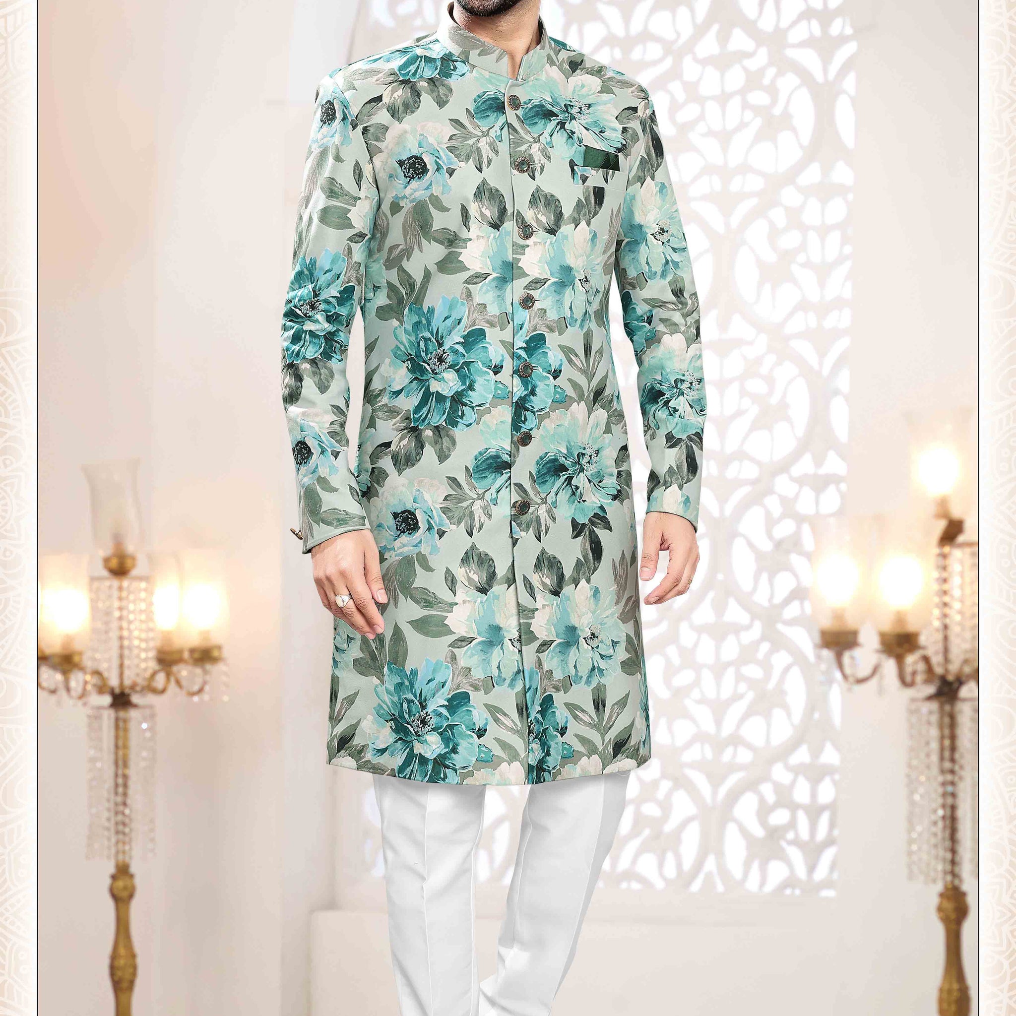 Printed Suede Velvet Shervani In Bluish Grey