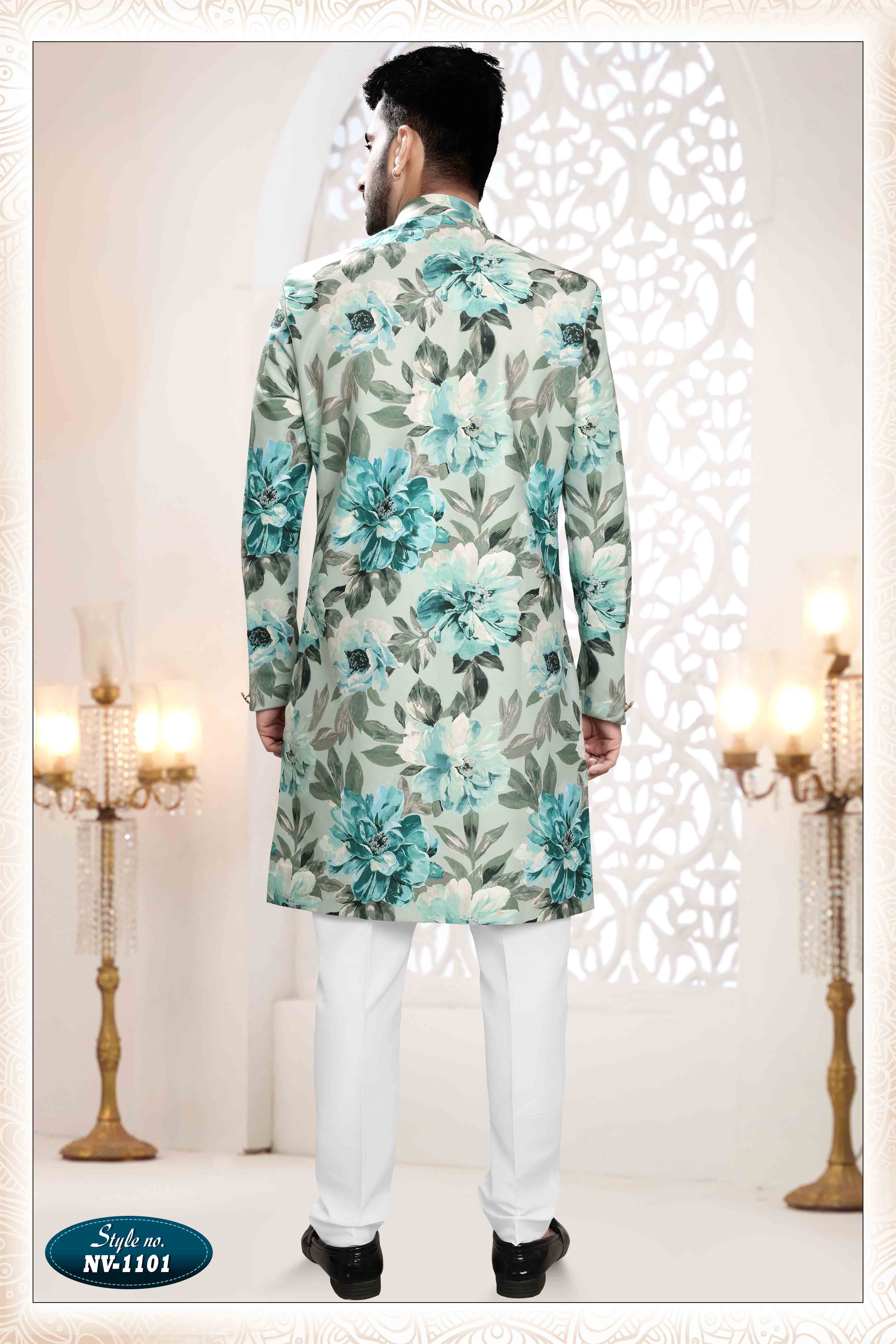 Printed Suede Velvet Shervani In Bluish Grey