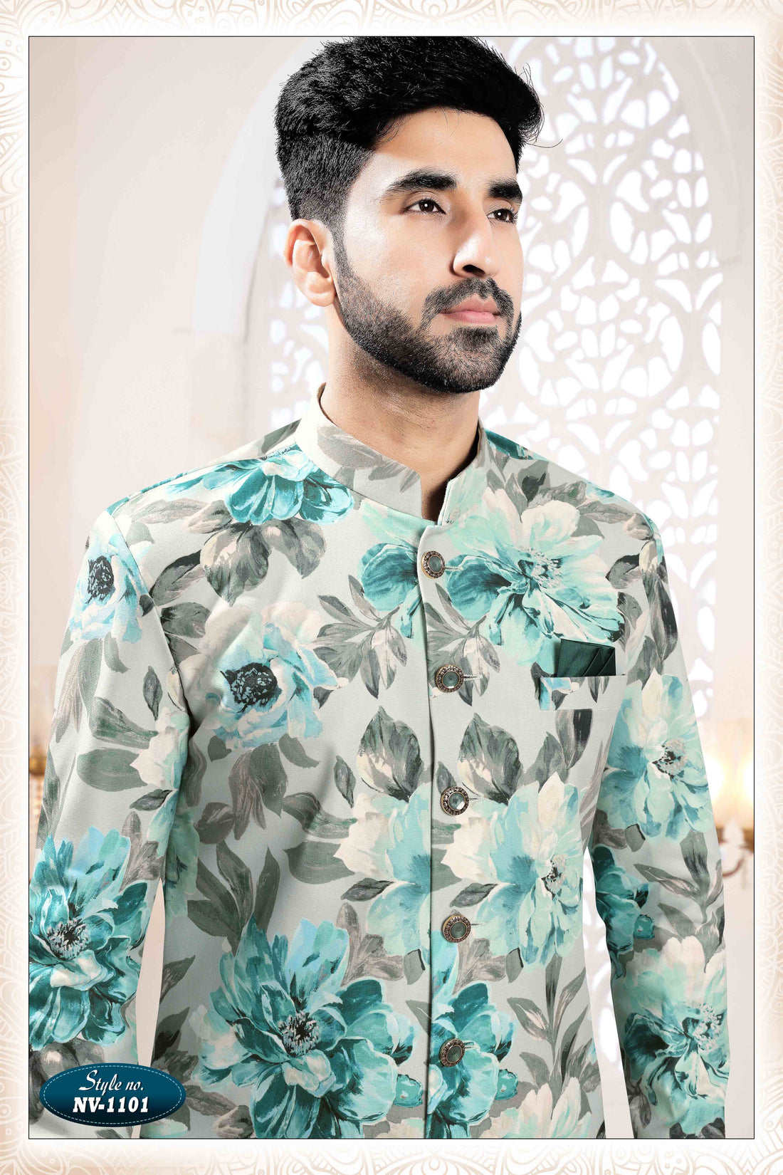 Printed Suede Velvet Shervani In Bluish Grey