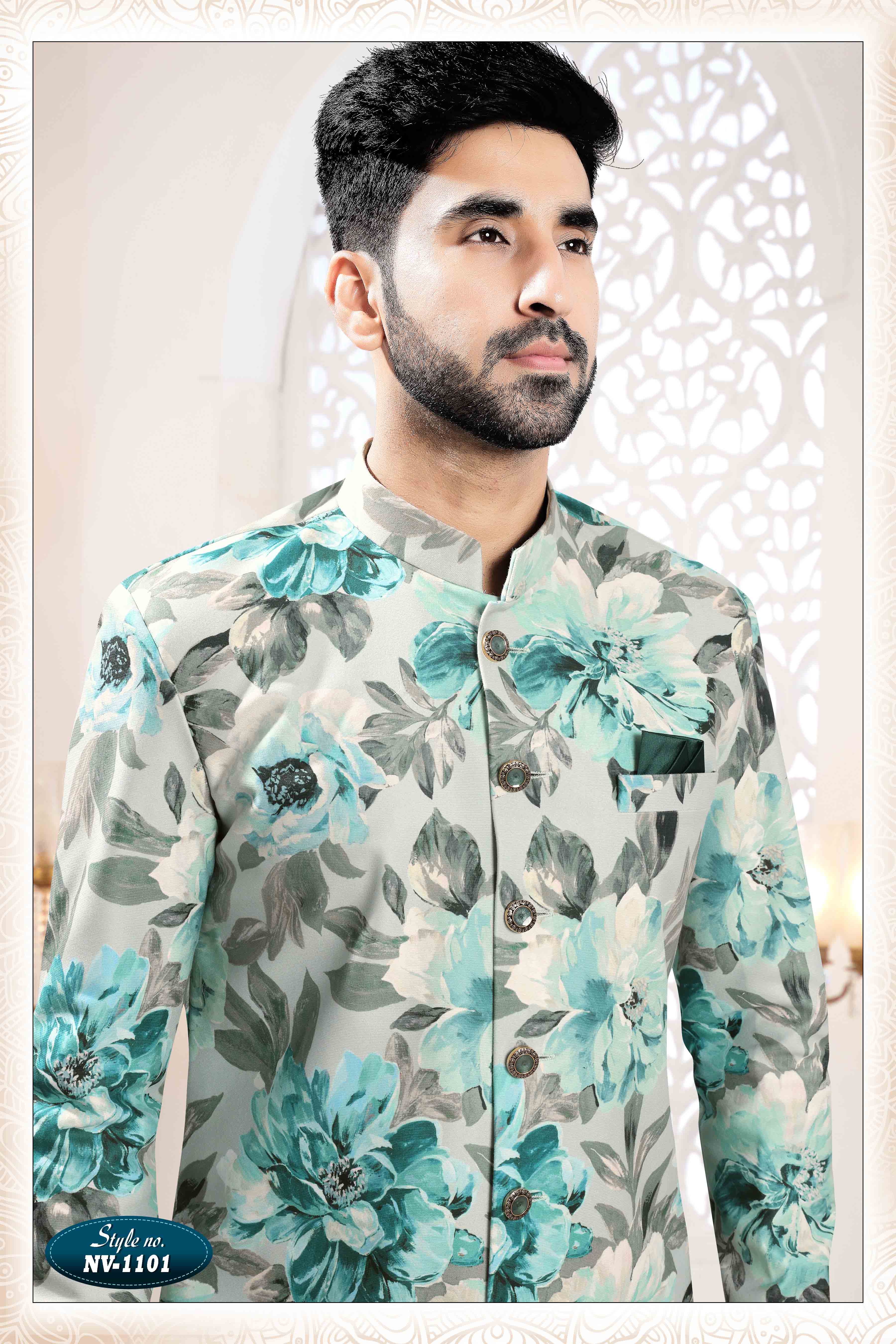 Printed Suede Velvet Shervani In Bluish Grey
