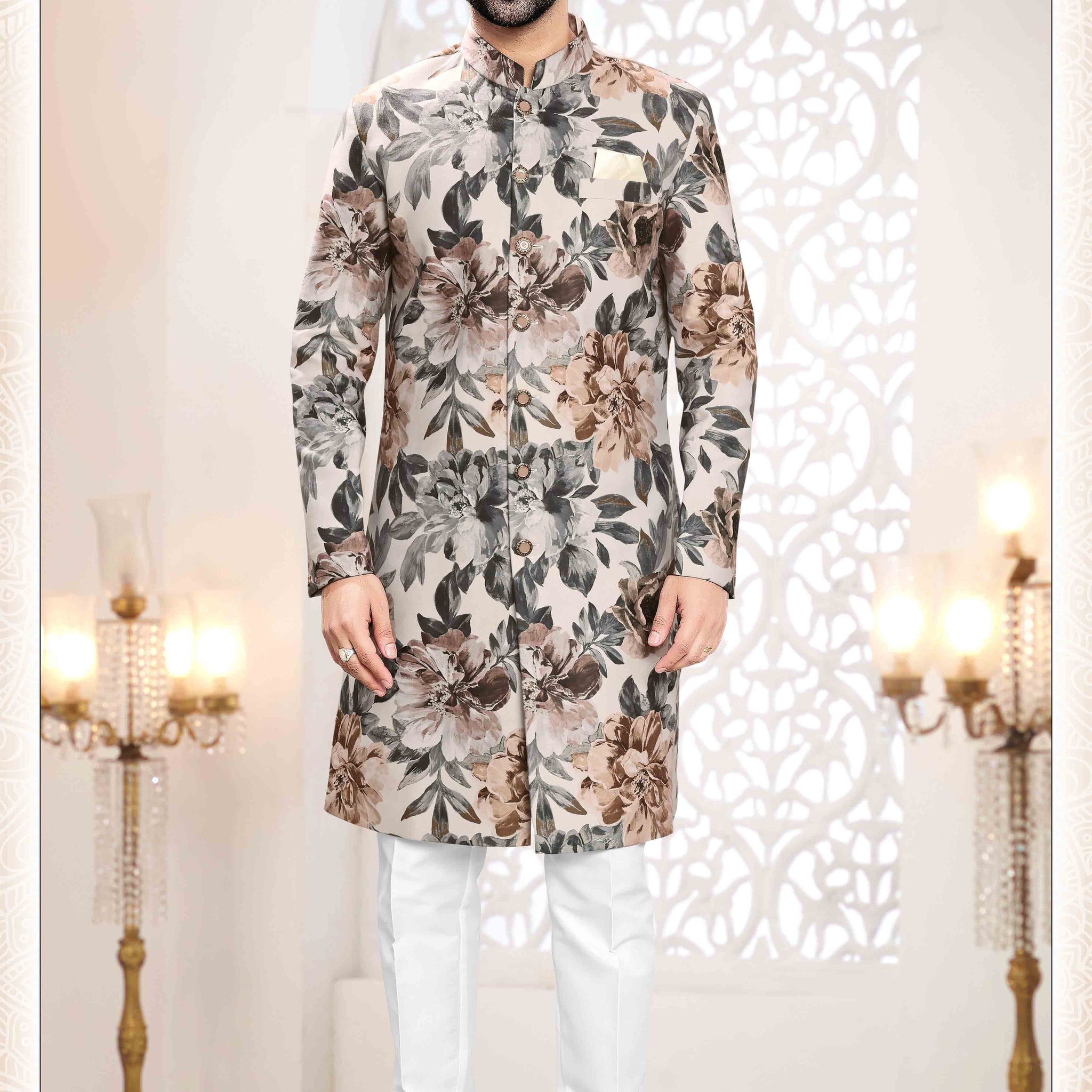 Printed Suede Velvet Shervani In Cream