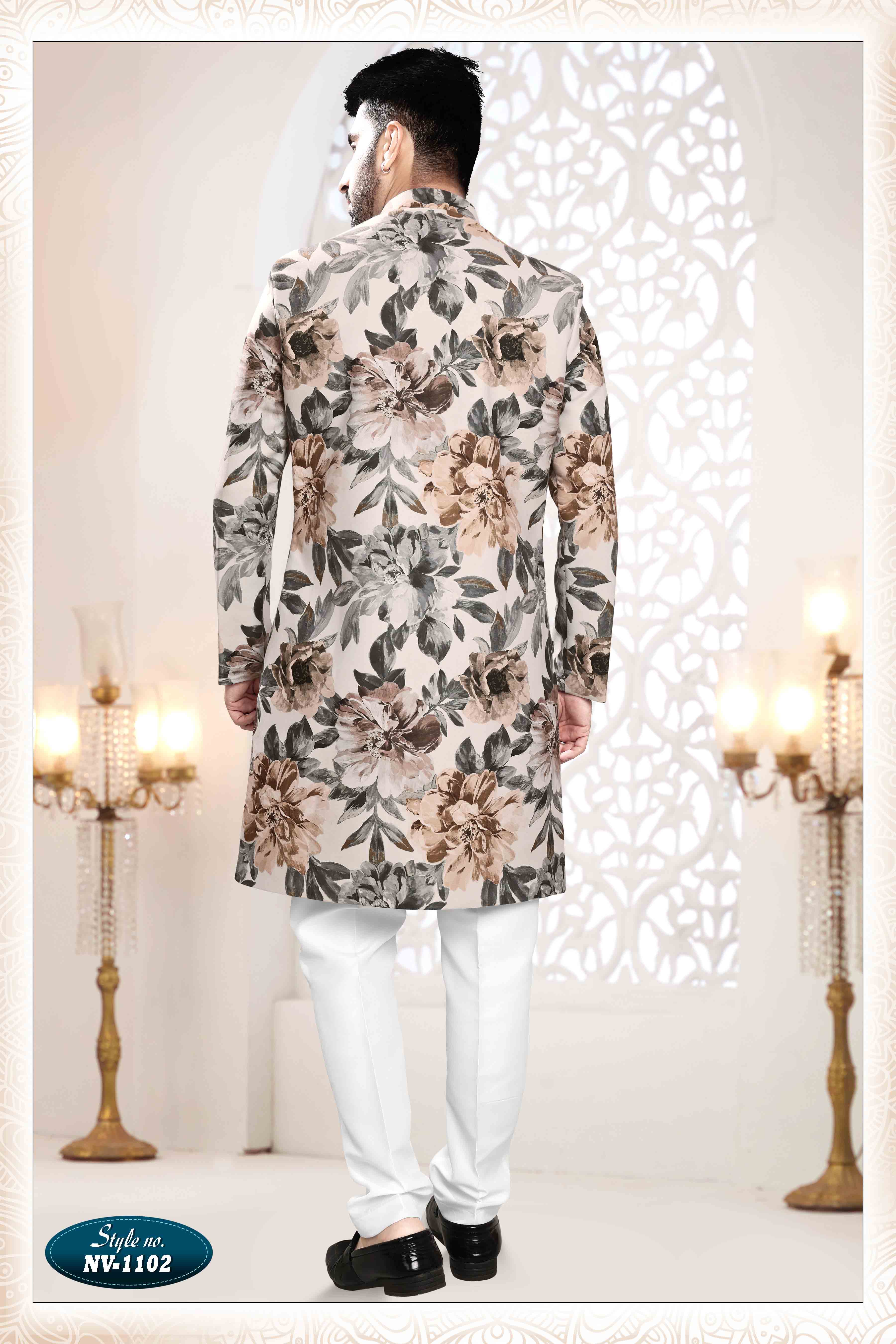 Printed Suede Velvet Shervani In Cream