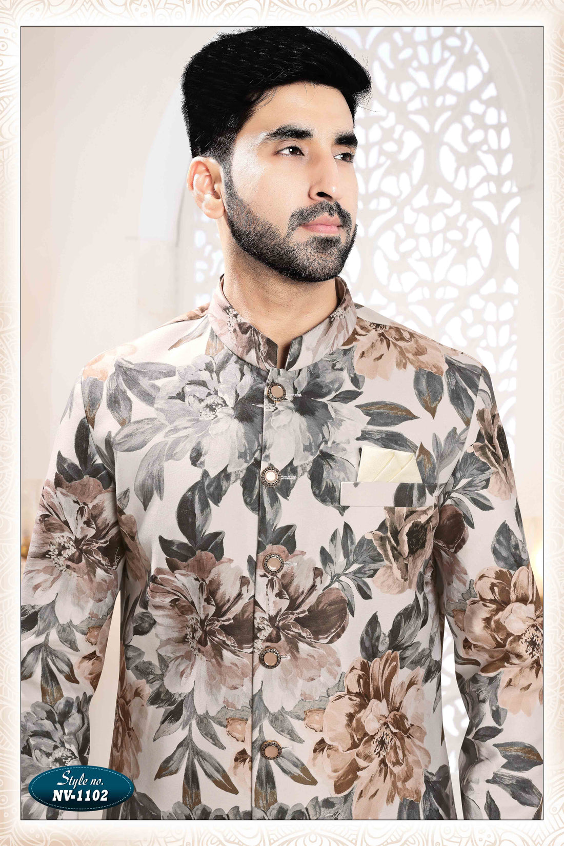 Printed Suede Velvet Shervani In Cream