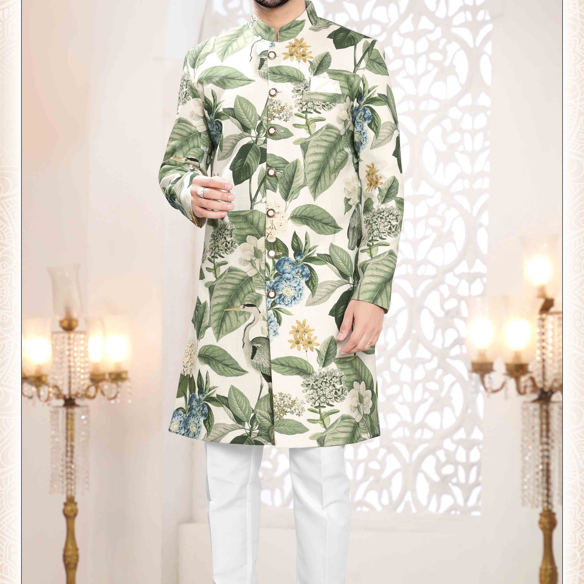 Printed Linen Sherwani In Cream