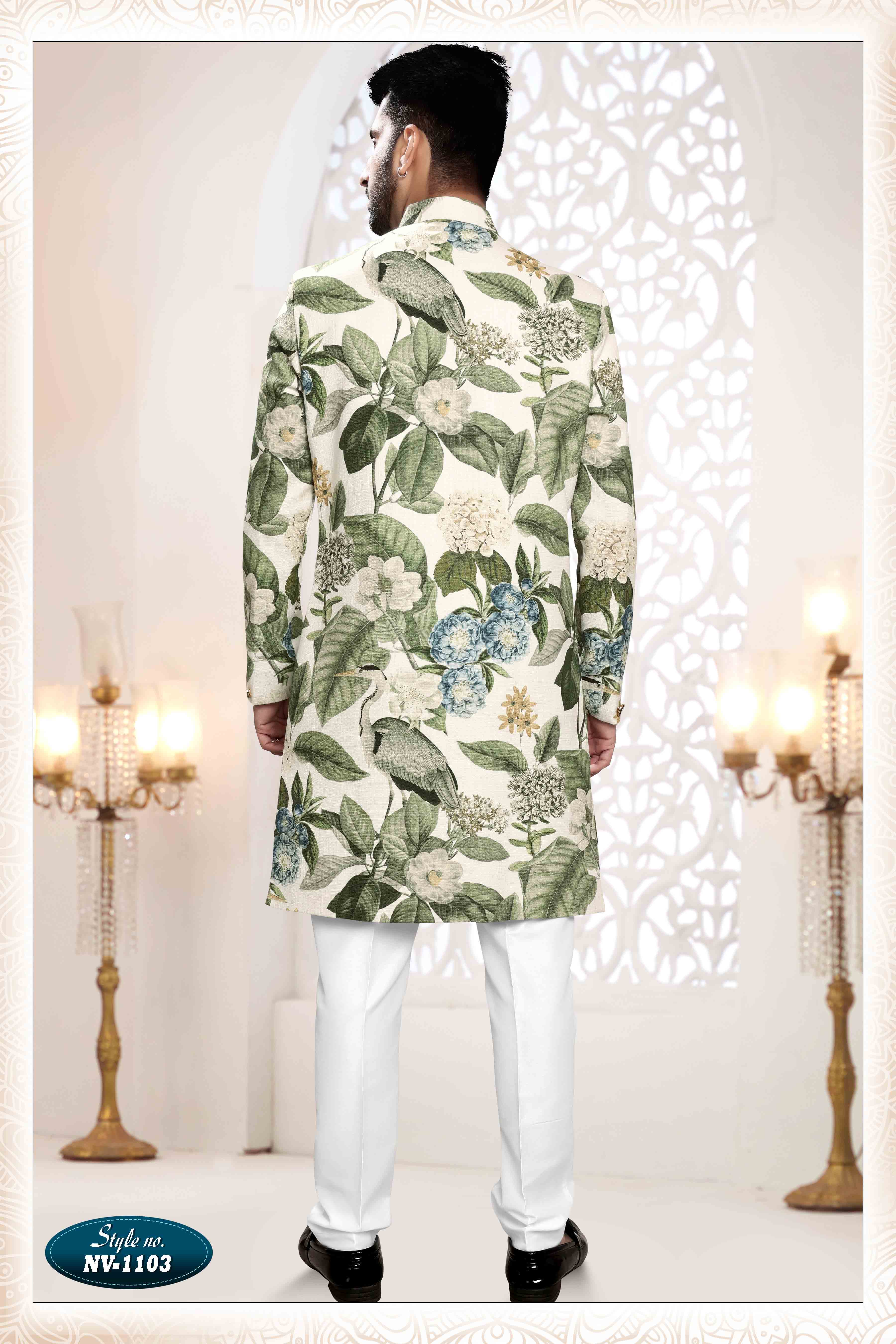 Printed Linen Sherwani In Cream