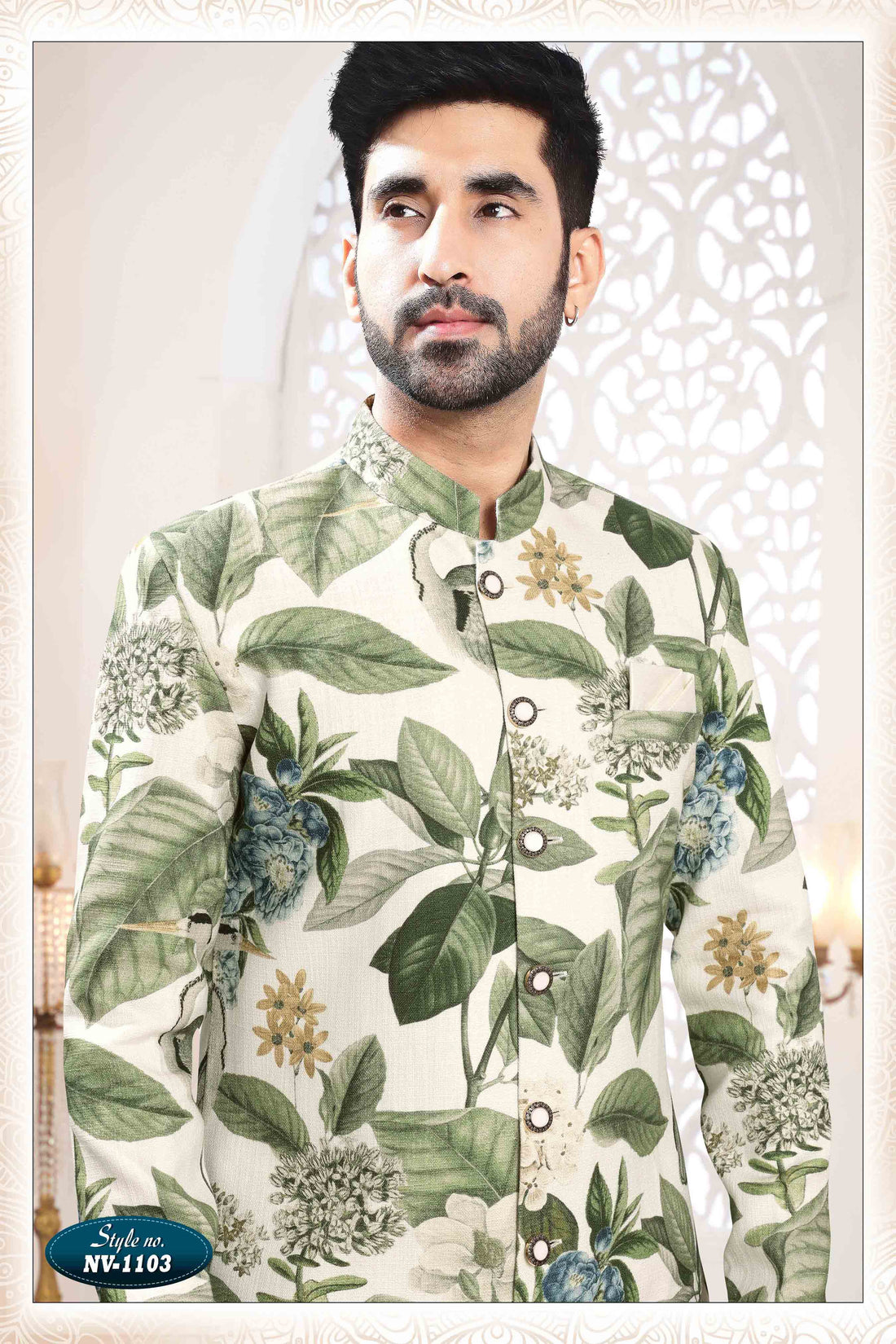 Printed Linen Sherwani In Cream