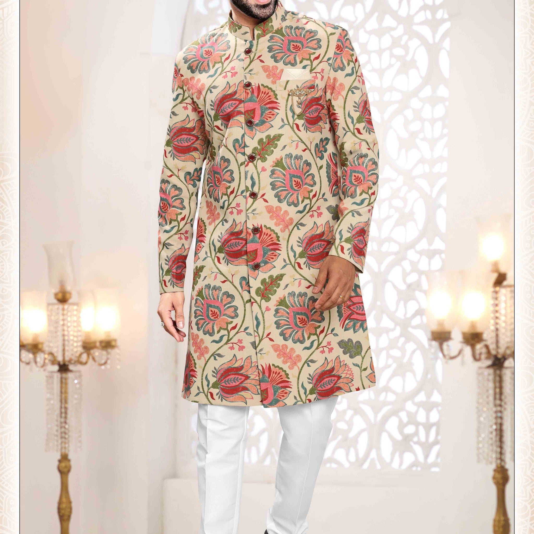 Printed Linen Sherwani In Beige