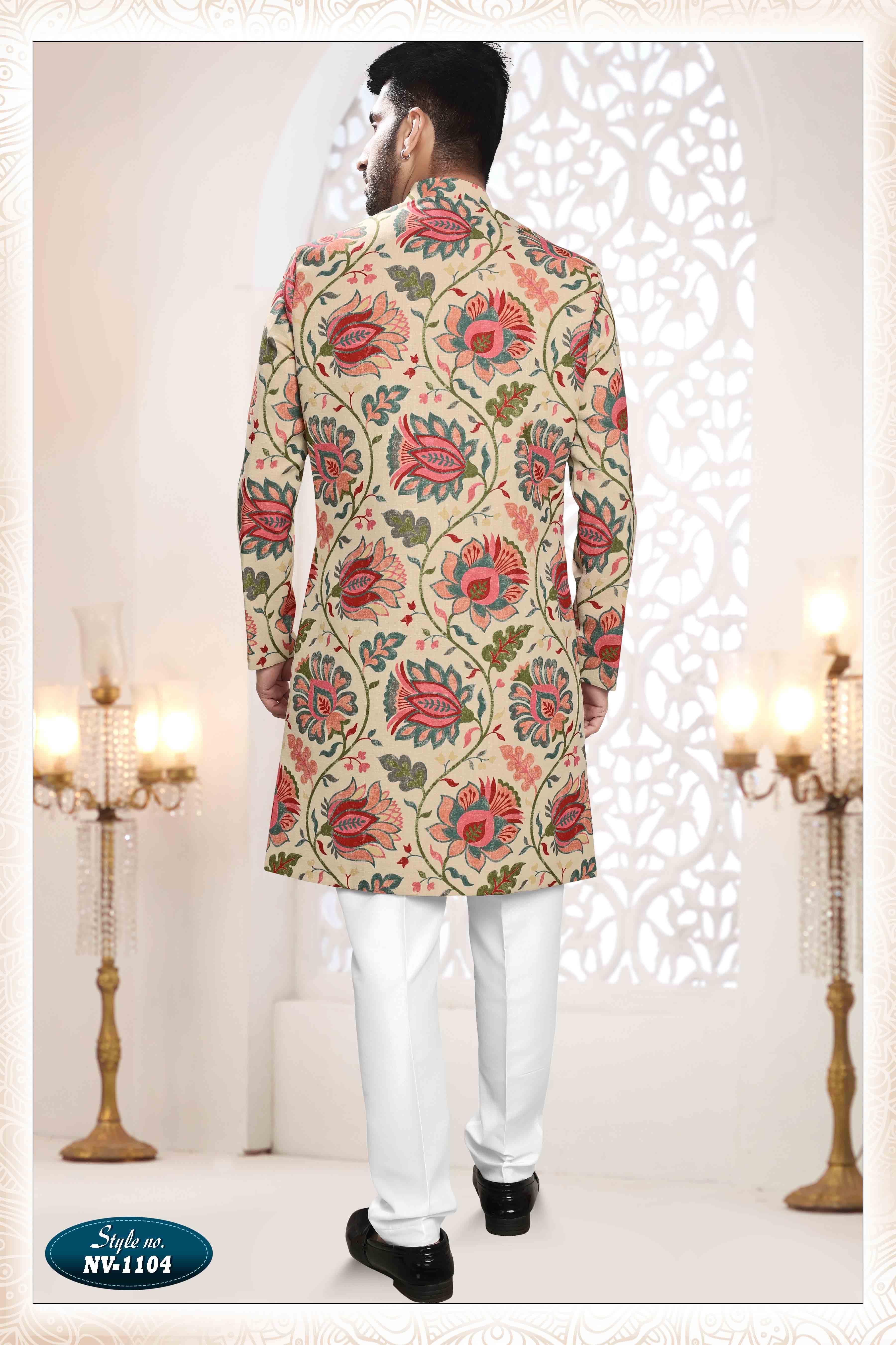 Printed Linen Sherwani In Beige