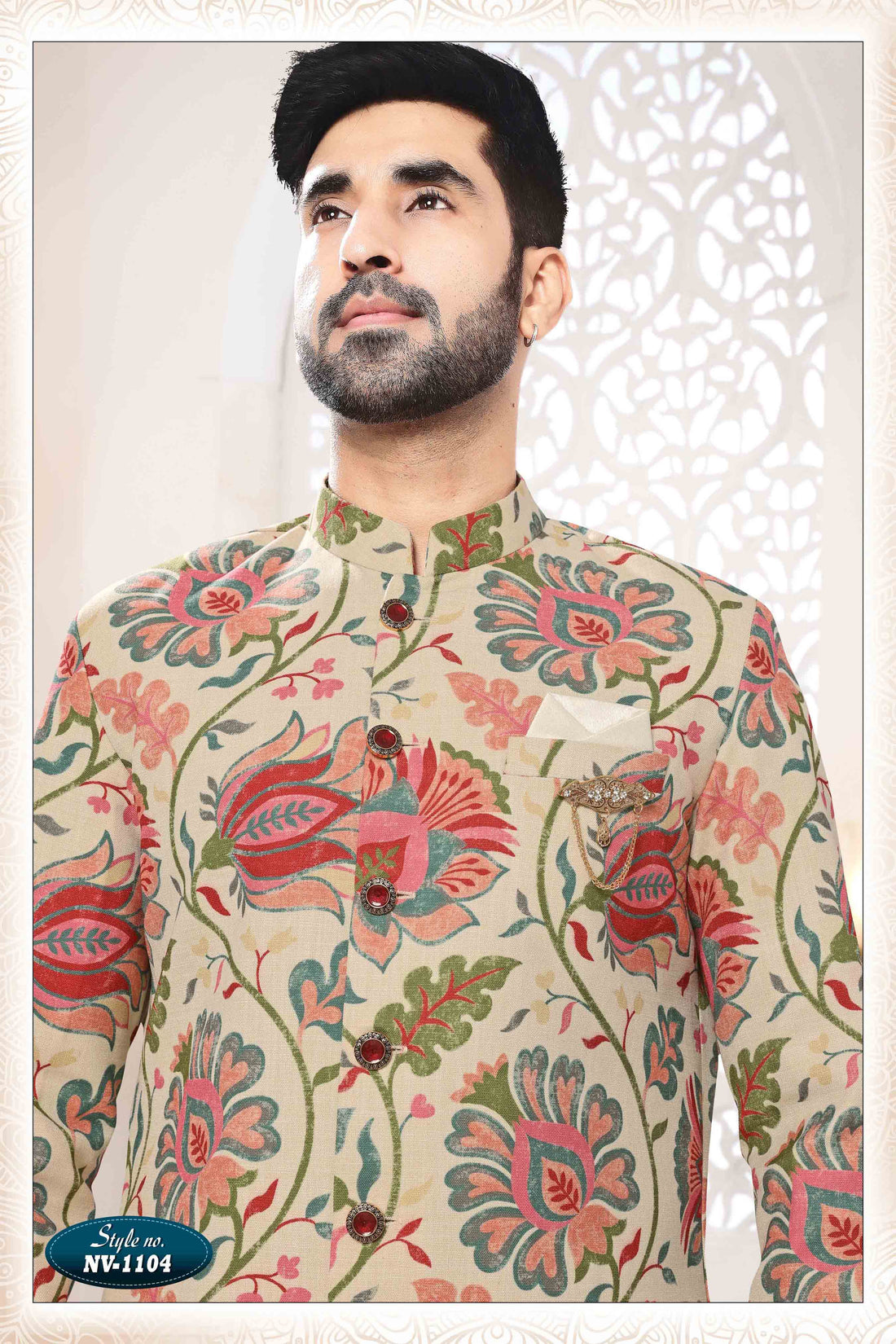 Printed Linen Sherwani In Beige