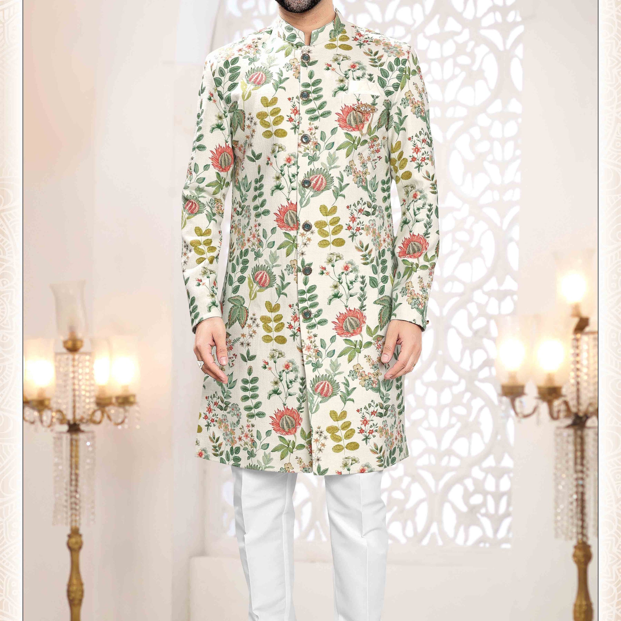 Printed Linen Sherwani In Cream