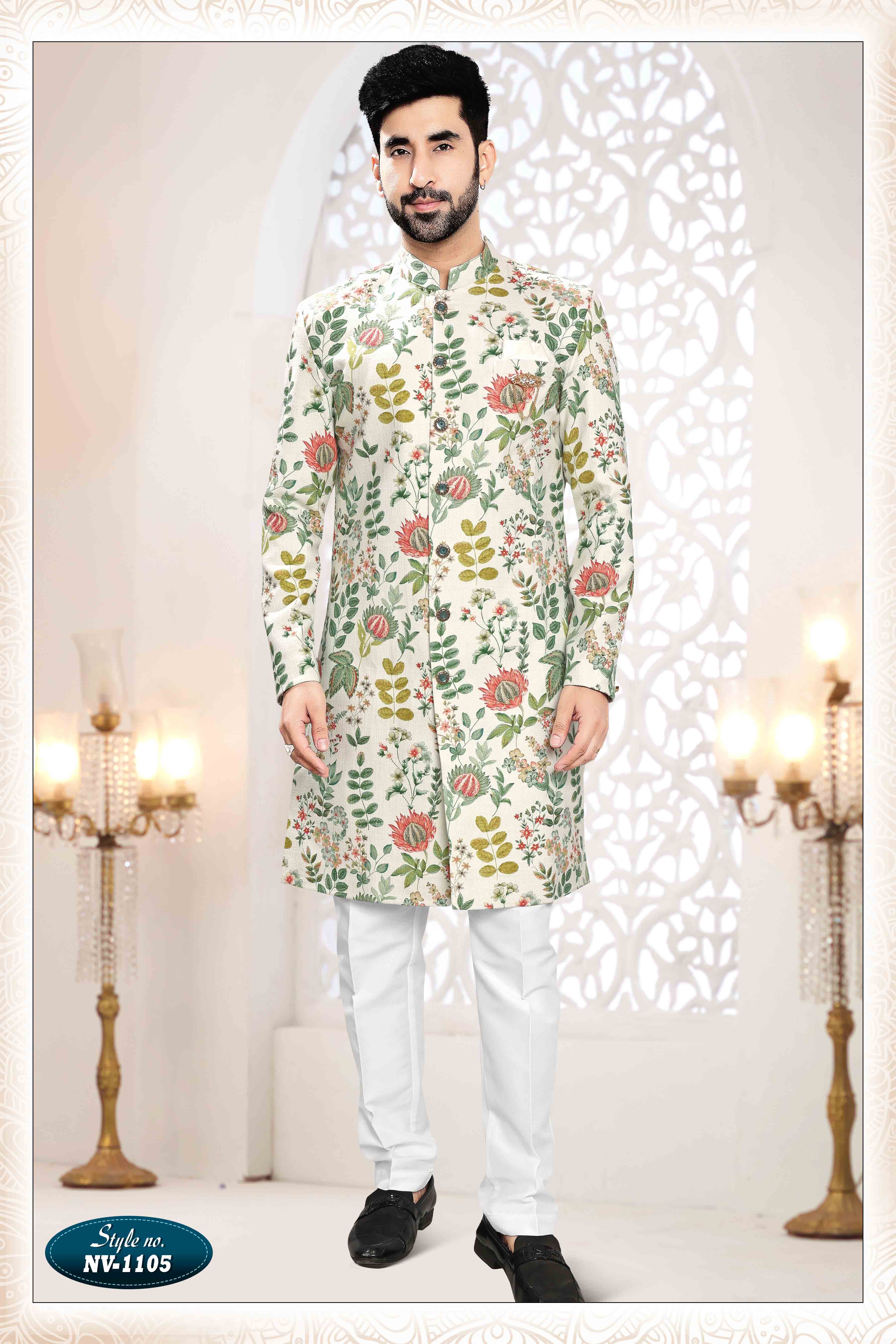 Printed Linen Sherwani In Cream