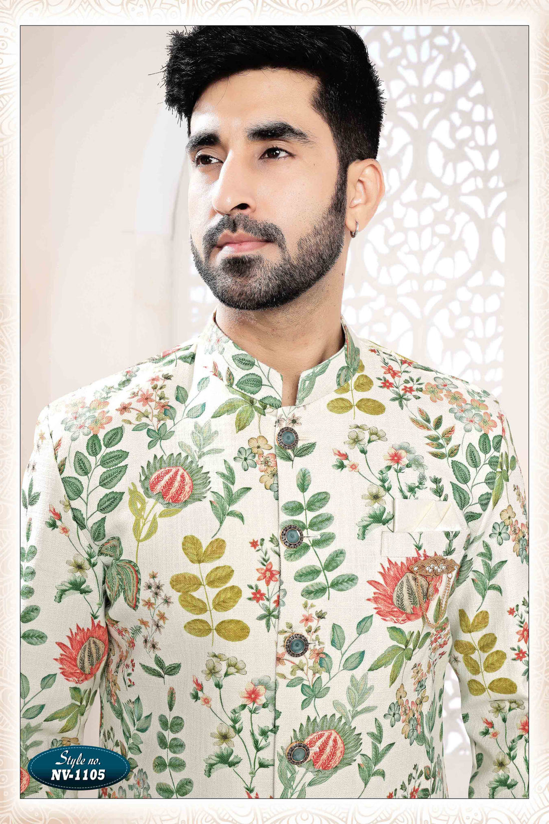 Printed Linen Sherwani In Cream