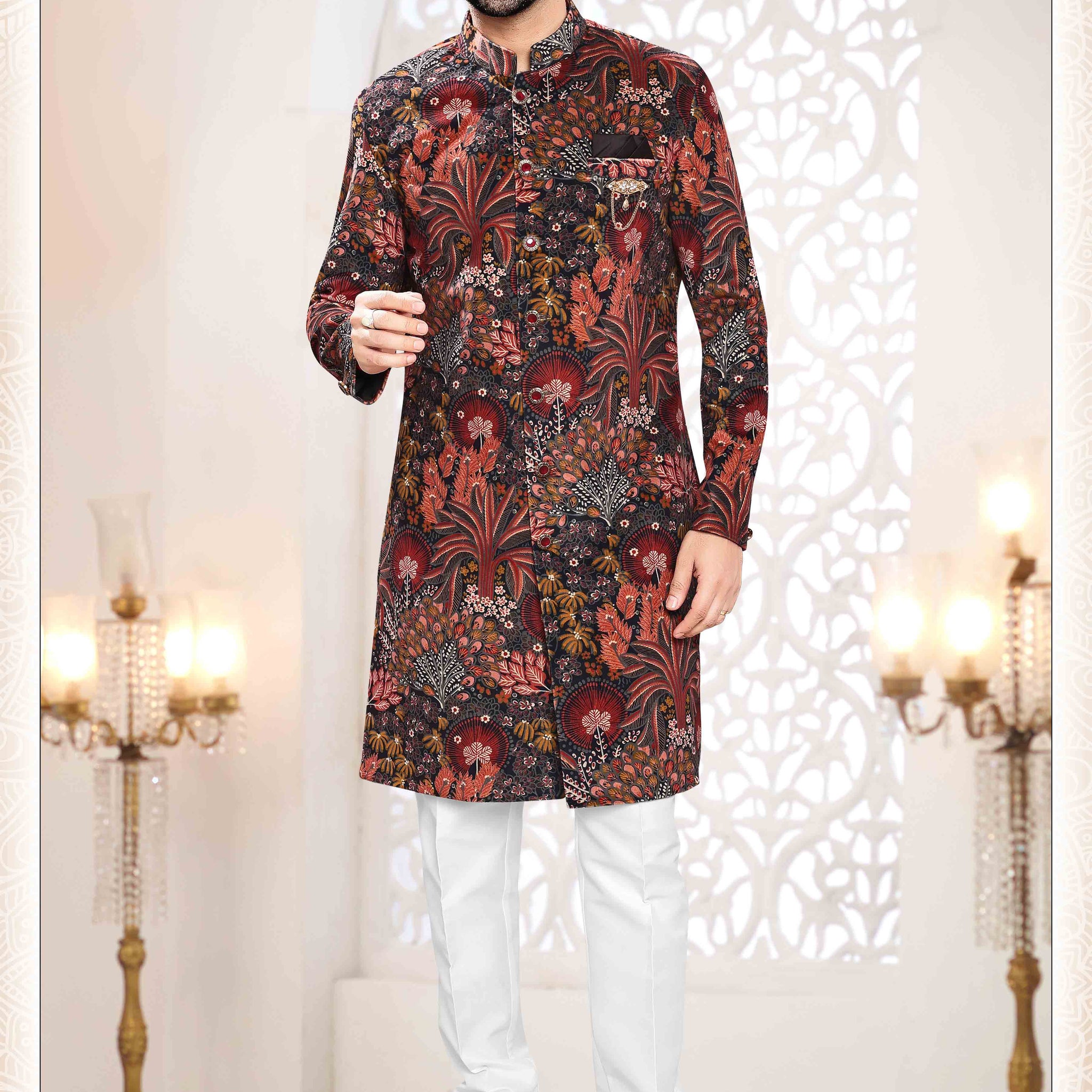 Printed Black Sherwani In Suede