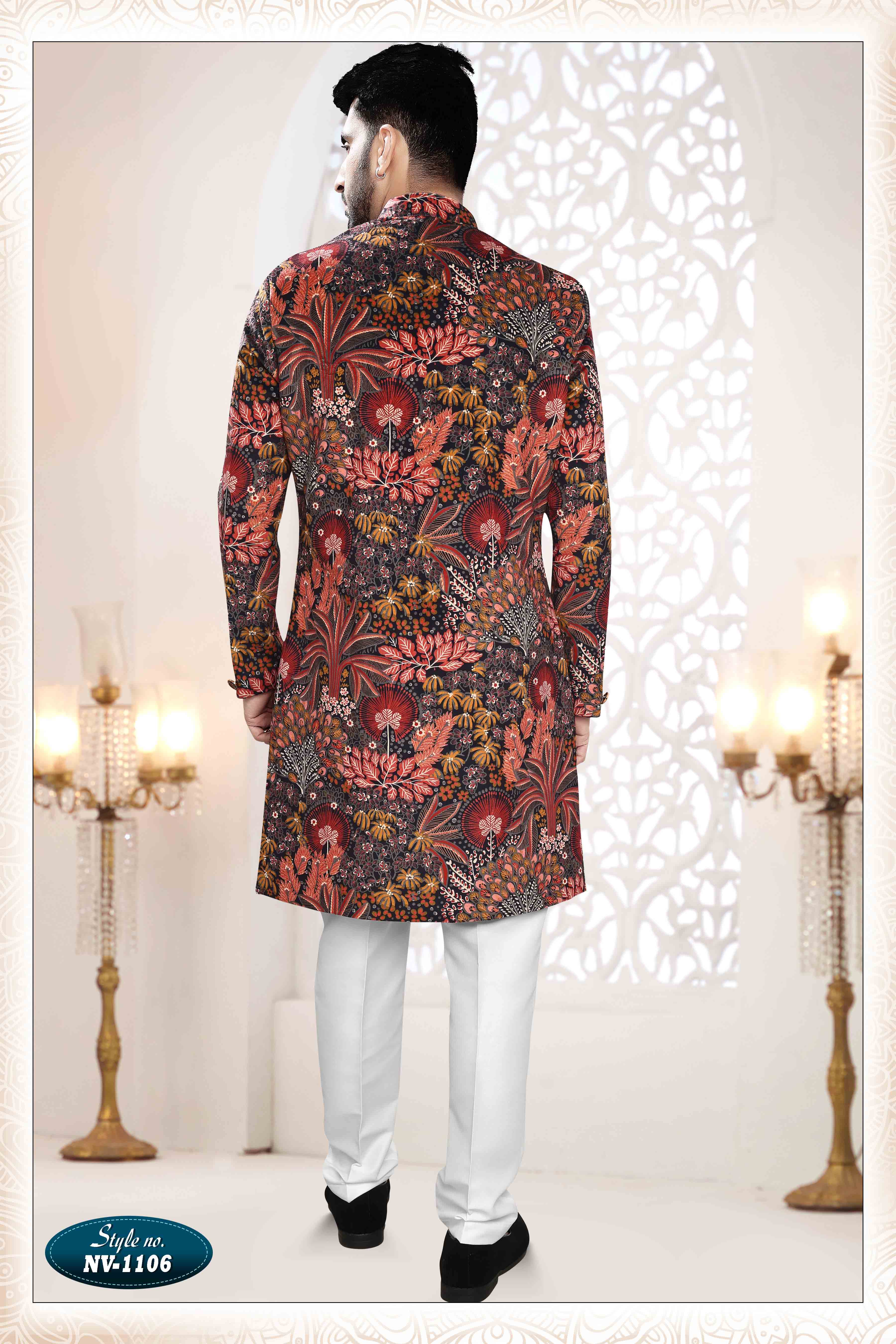 Printed Black Sherwani In Suede