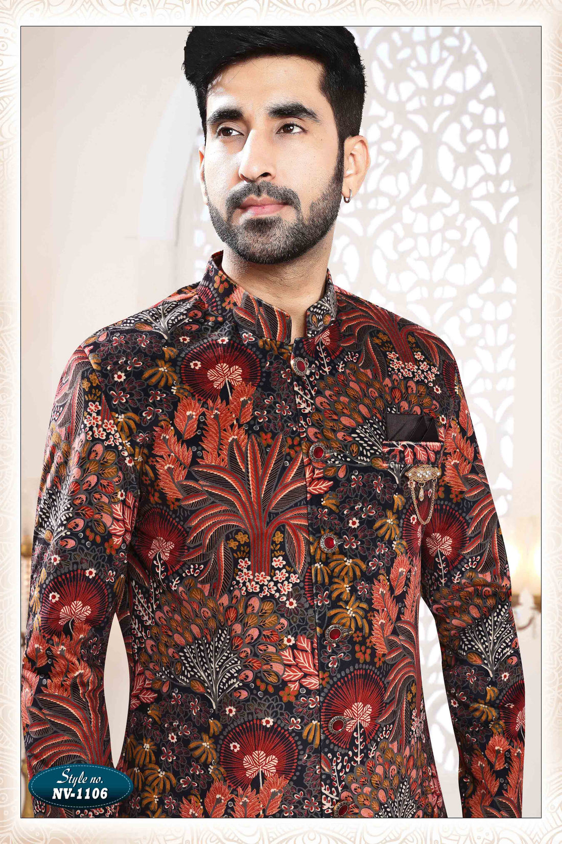 Printed Black Sherwani In Suede