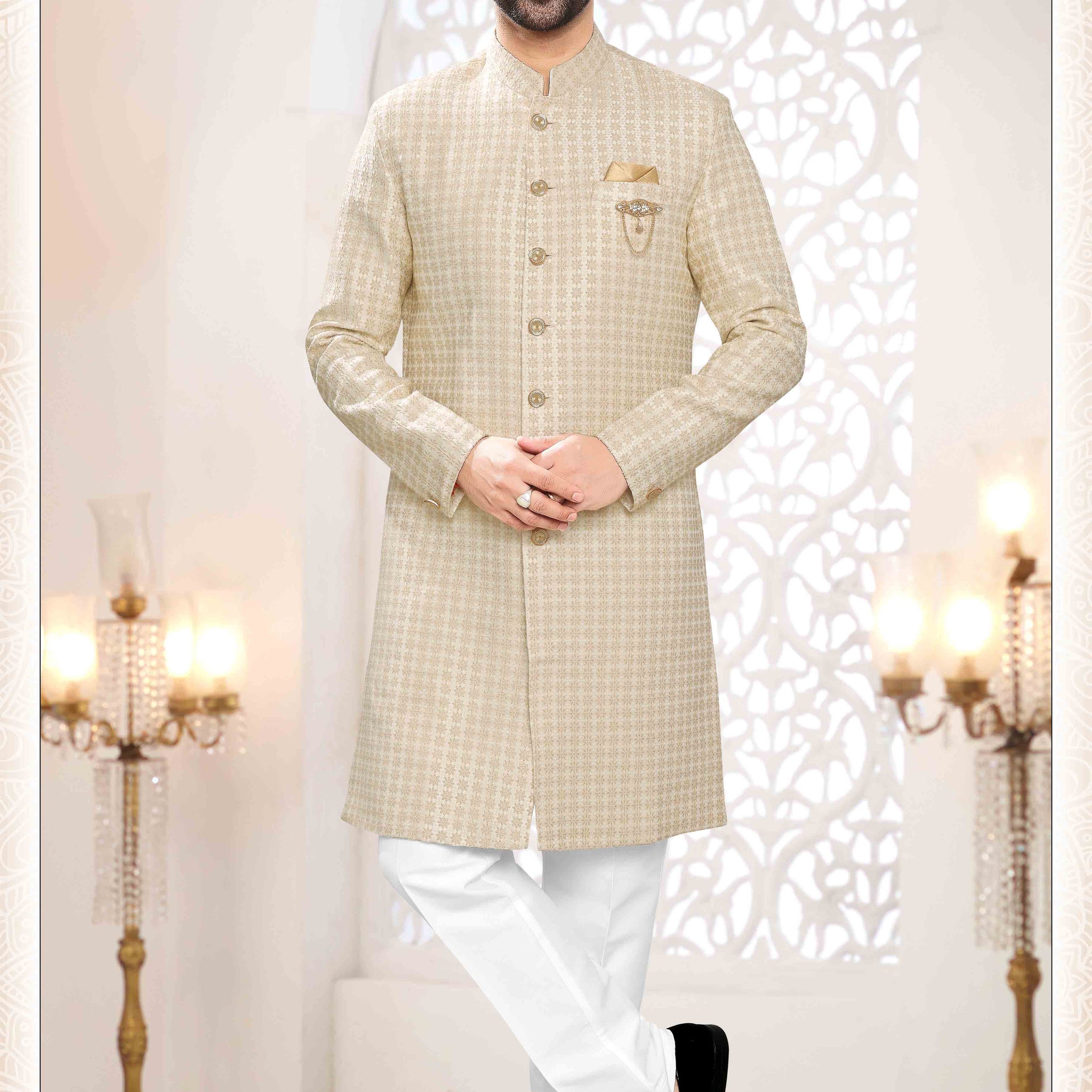 Woven Art Silk Jacquard Sherwani In Cream