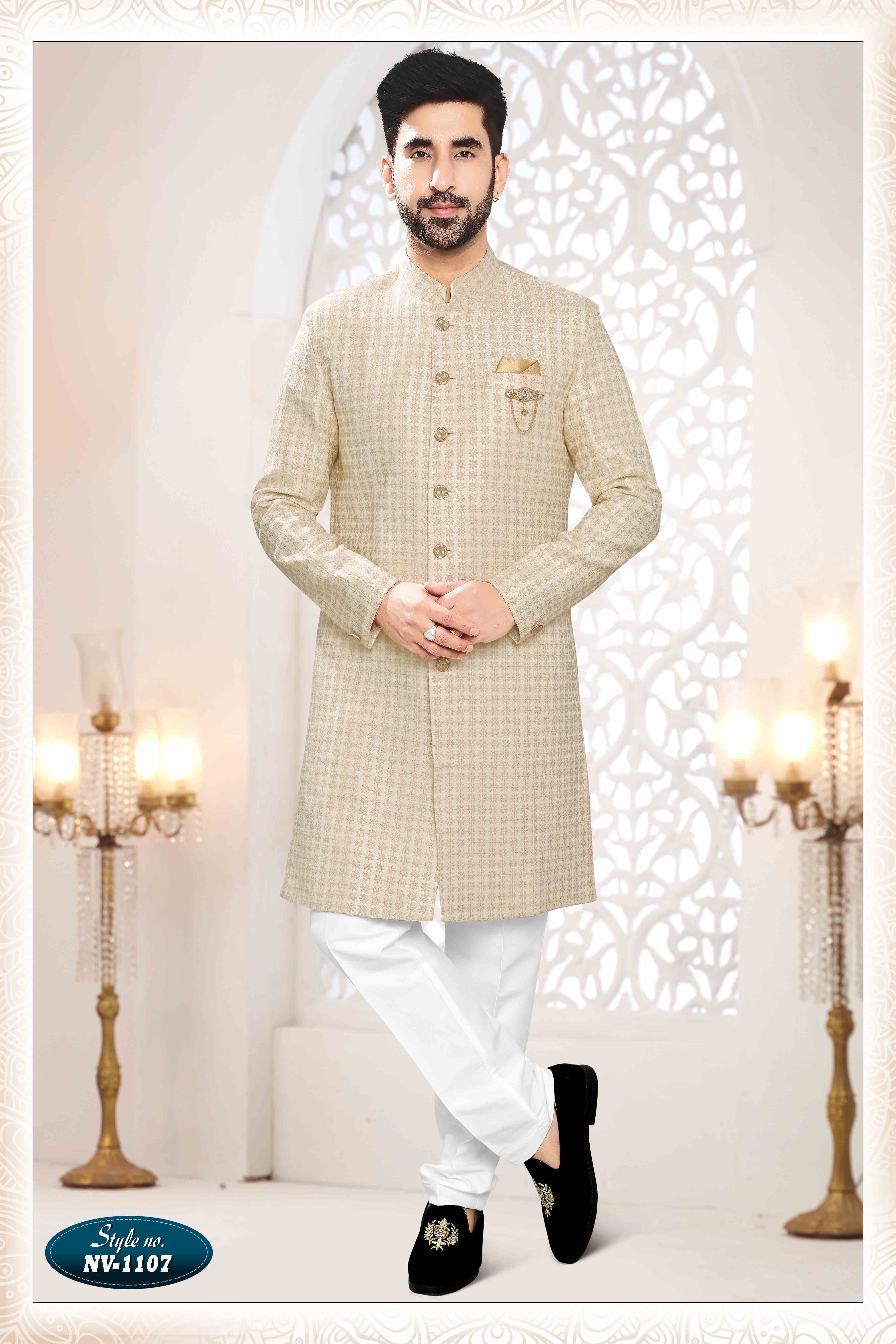 Woven Art Silk Jacquard Sherwani In Cream