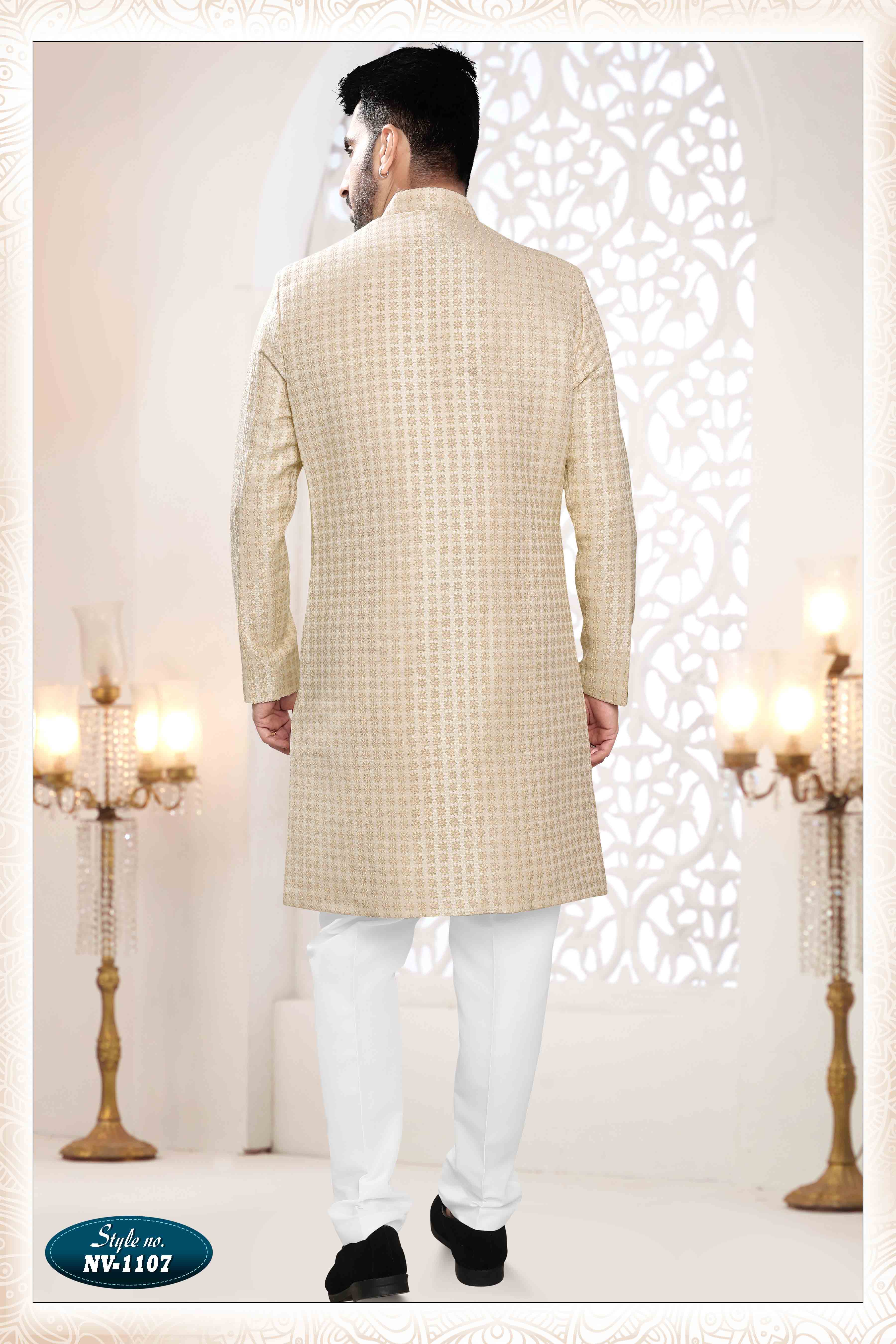 Woven Art Silk Jacquard Sherwani In Cream