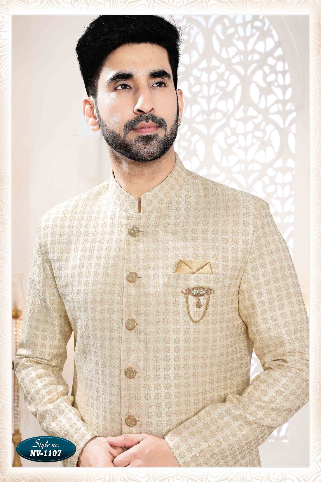 Woven Art Silk Jacquard Sherwani In Cream