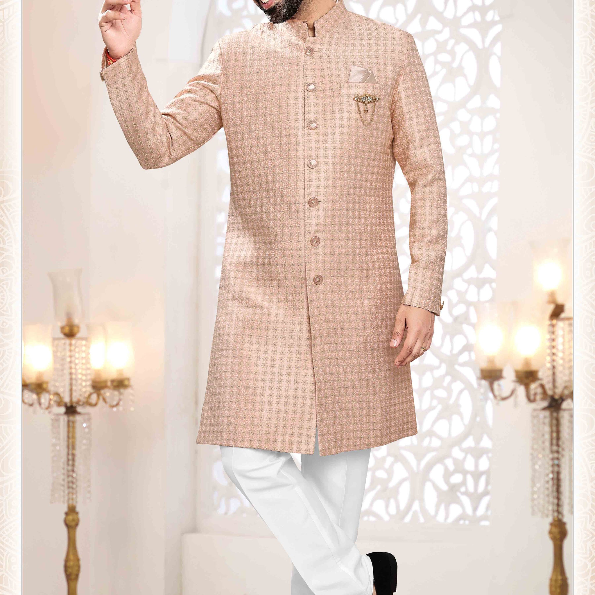 Woven Art Silk Jacquard Sherwani In Pink