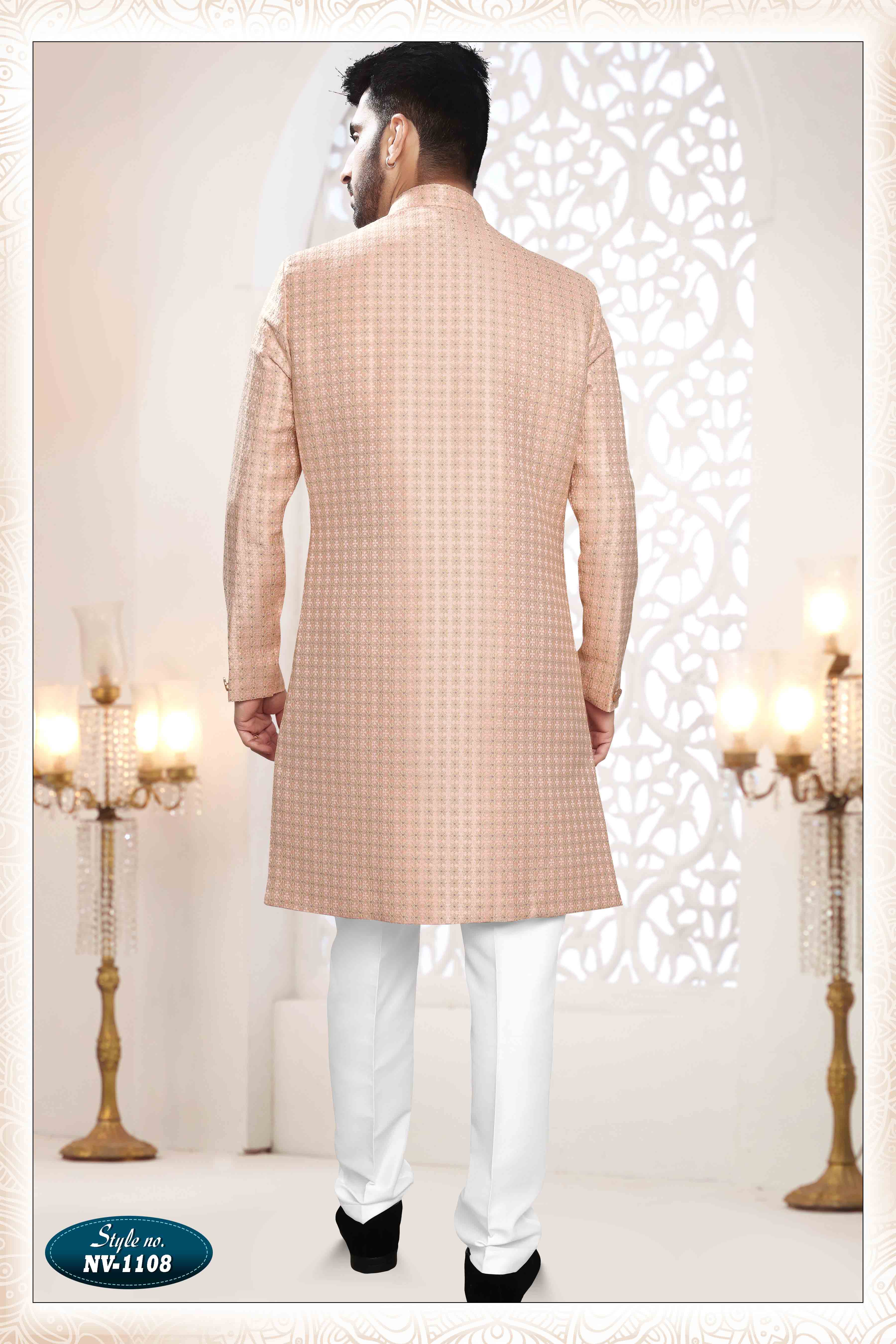 Woven Art Silk Jacquard Sherwani In Pink