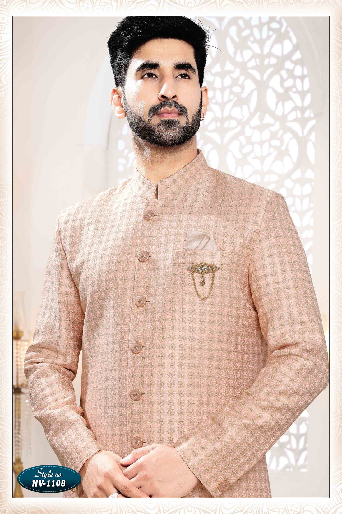 Woven Art Silk Jacquard Sherwani In Pink