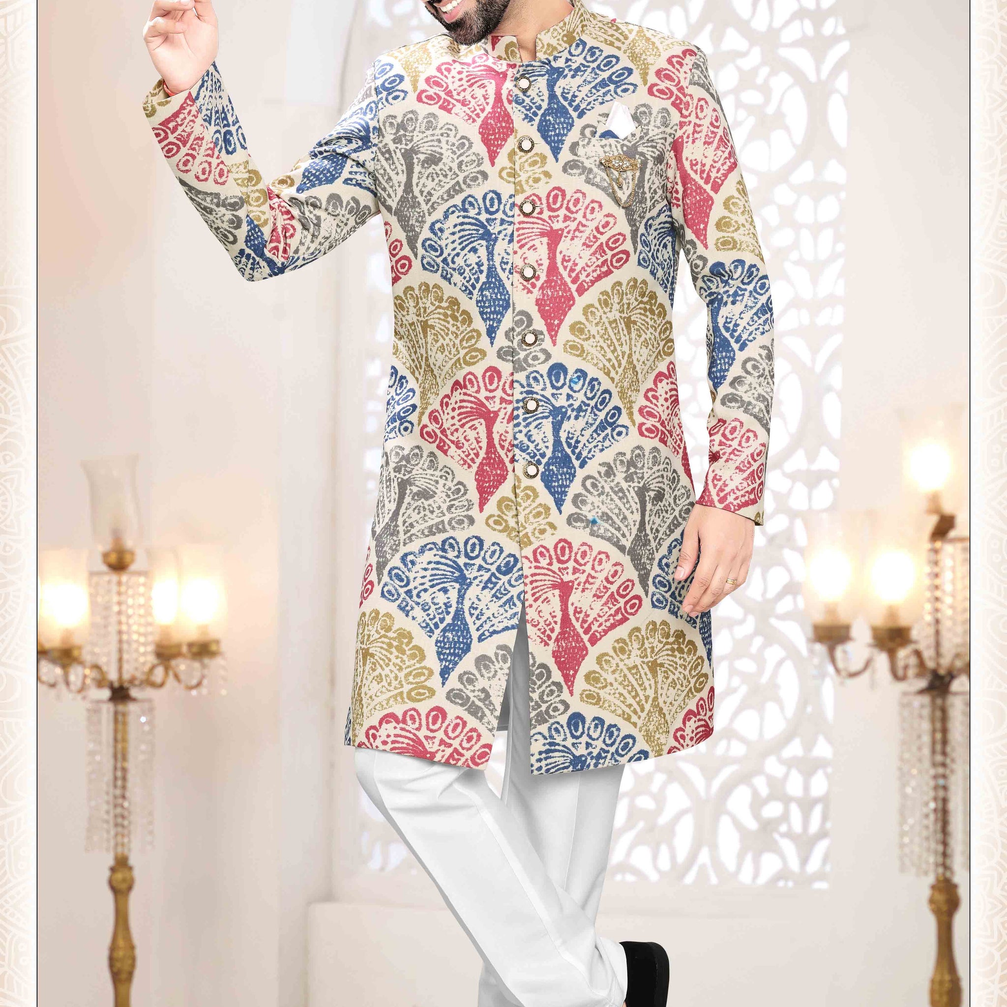 Printed Linen Sherwani In Cream