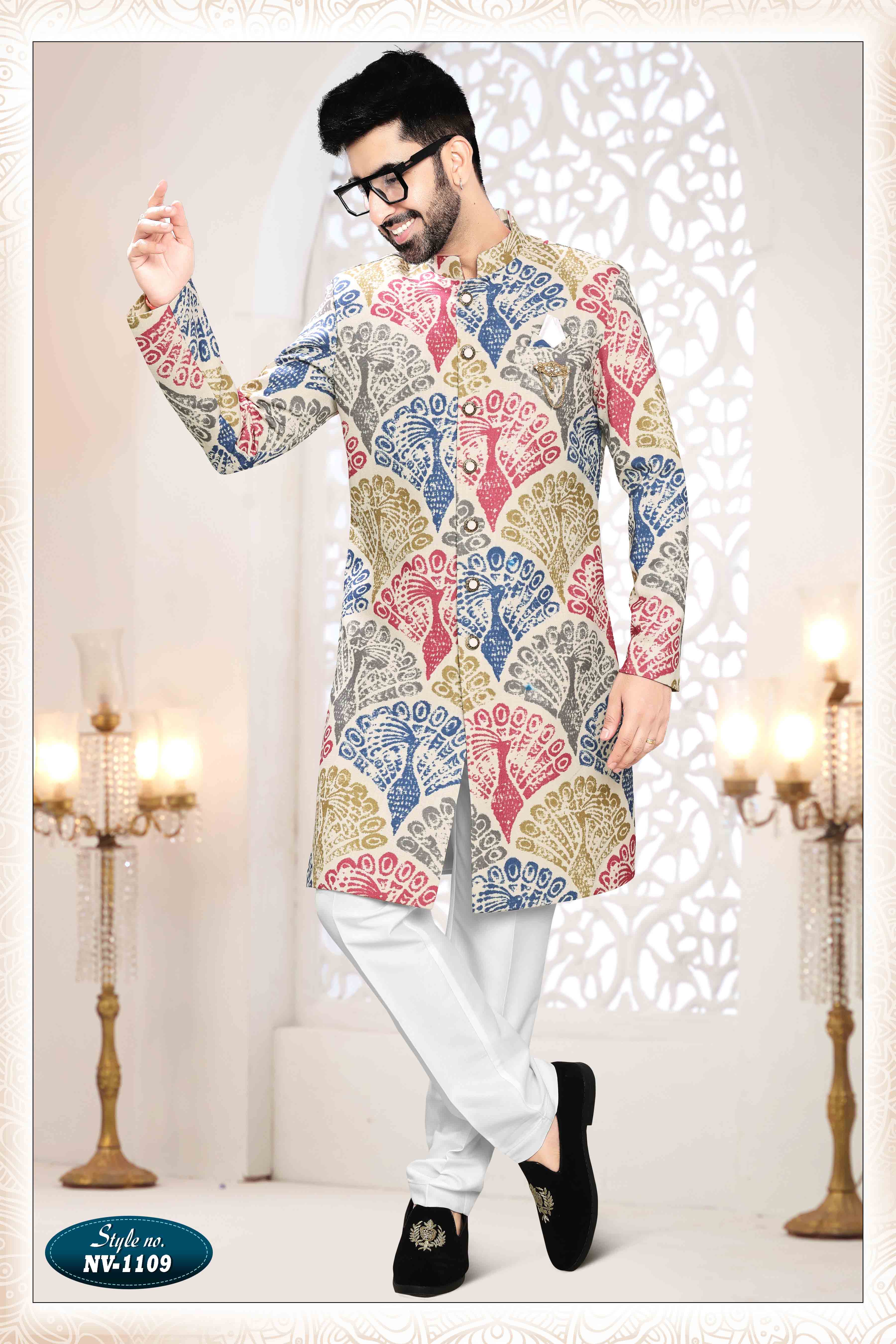 Printed Linen Sherwani In Cream