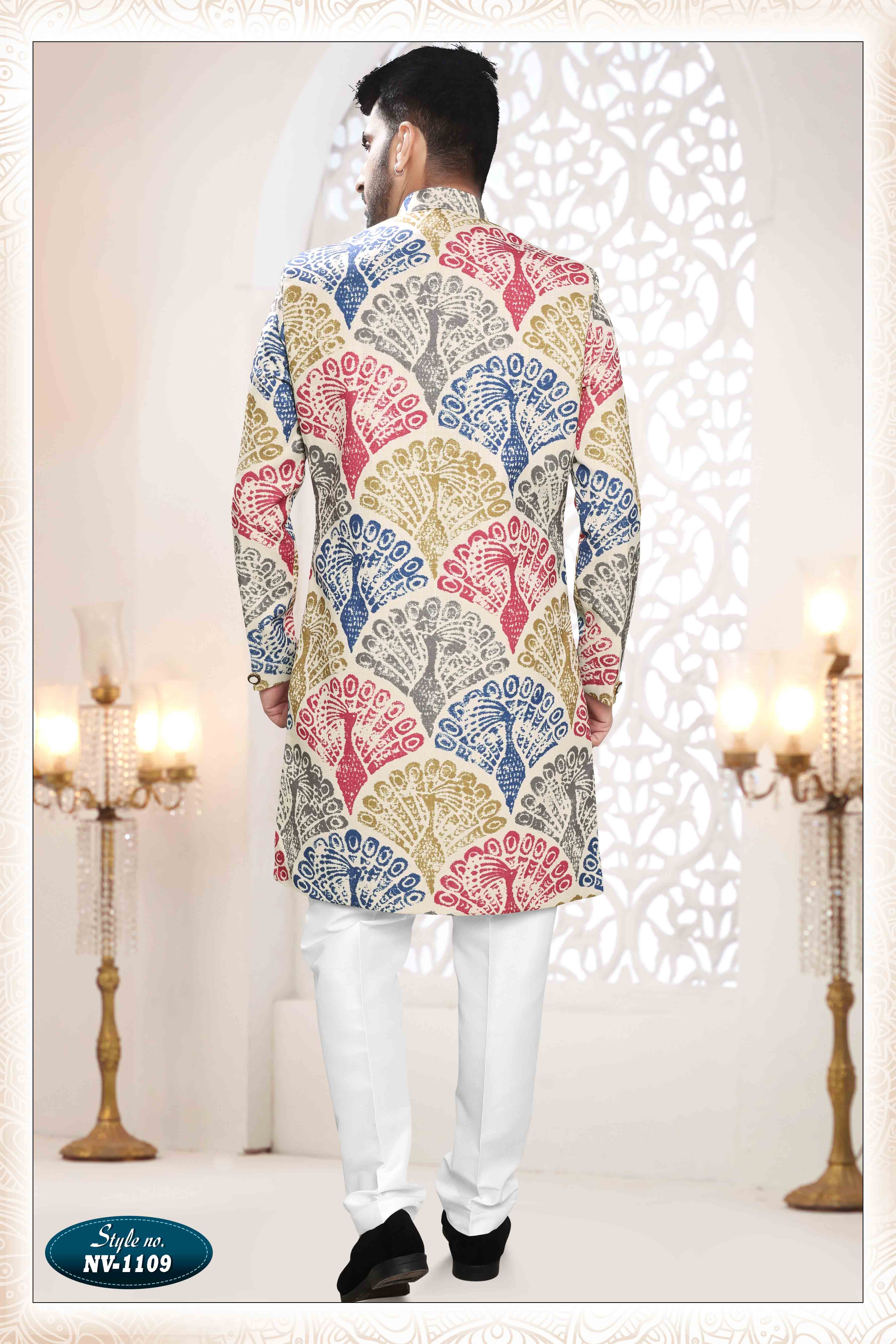 Printed Linen Sherwani In Cream
