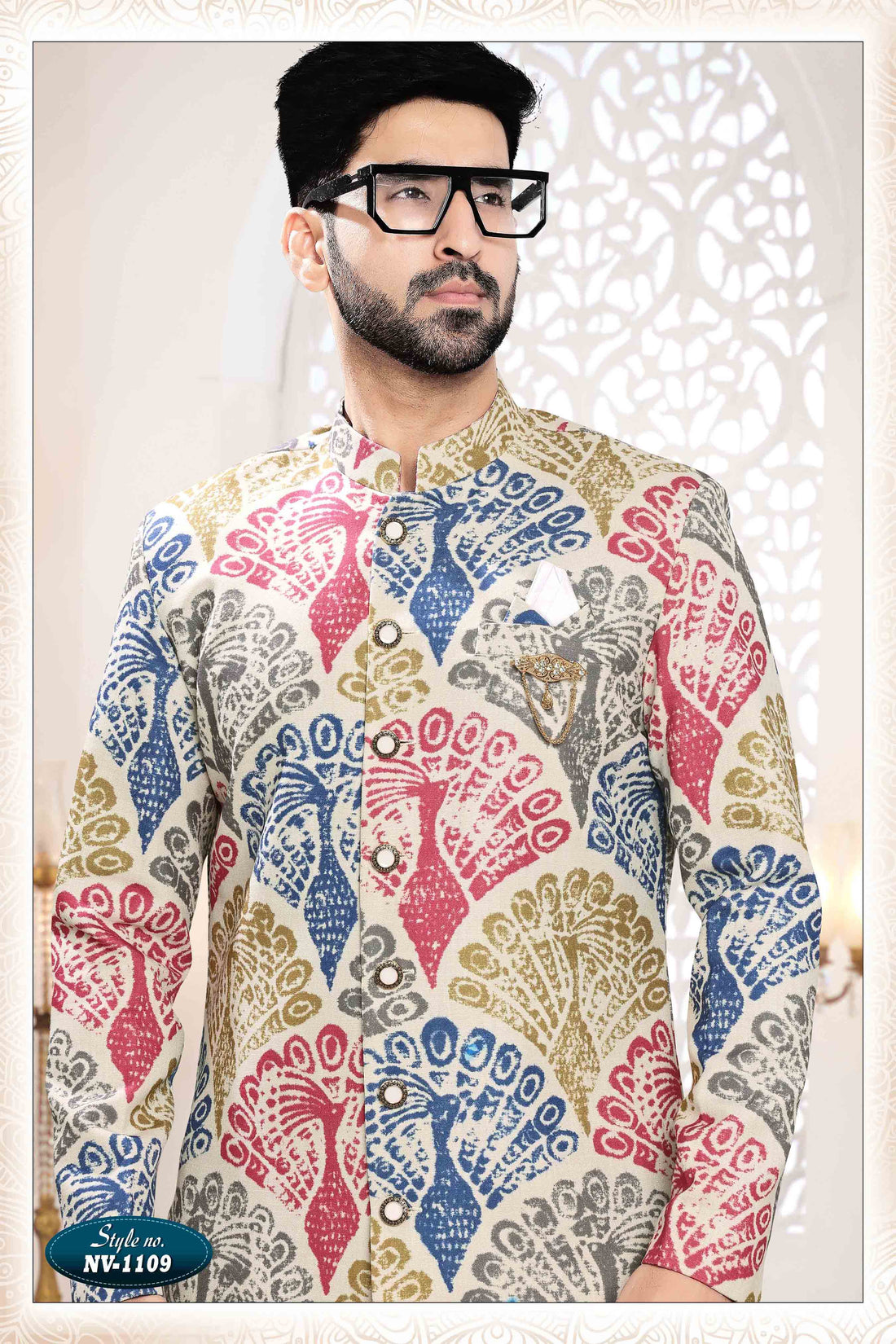Printed Linen Sherwani In Cream