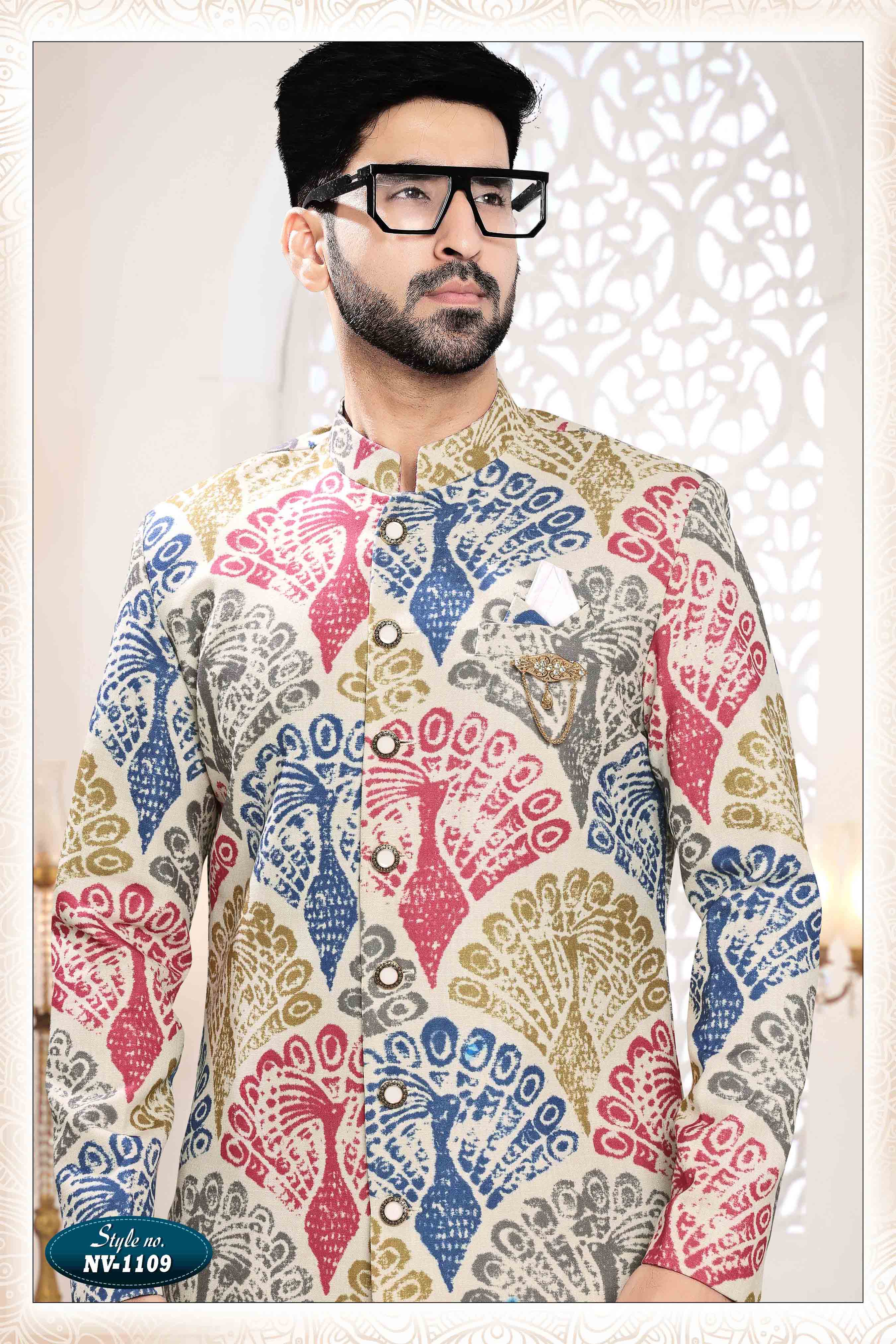 Printed Linen Sherwani In Cream