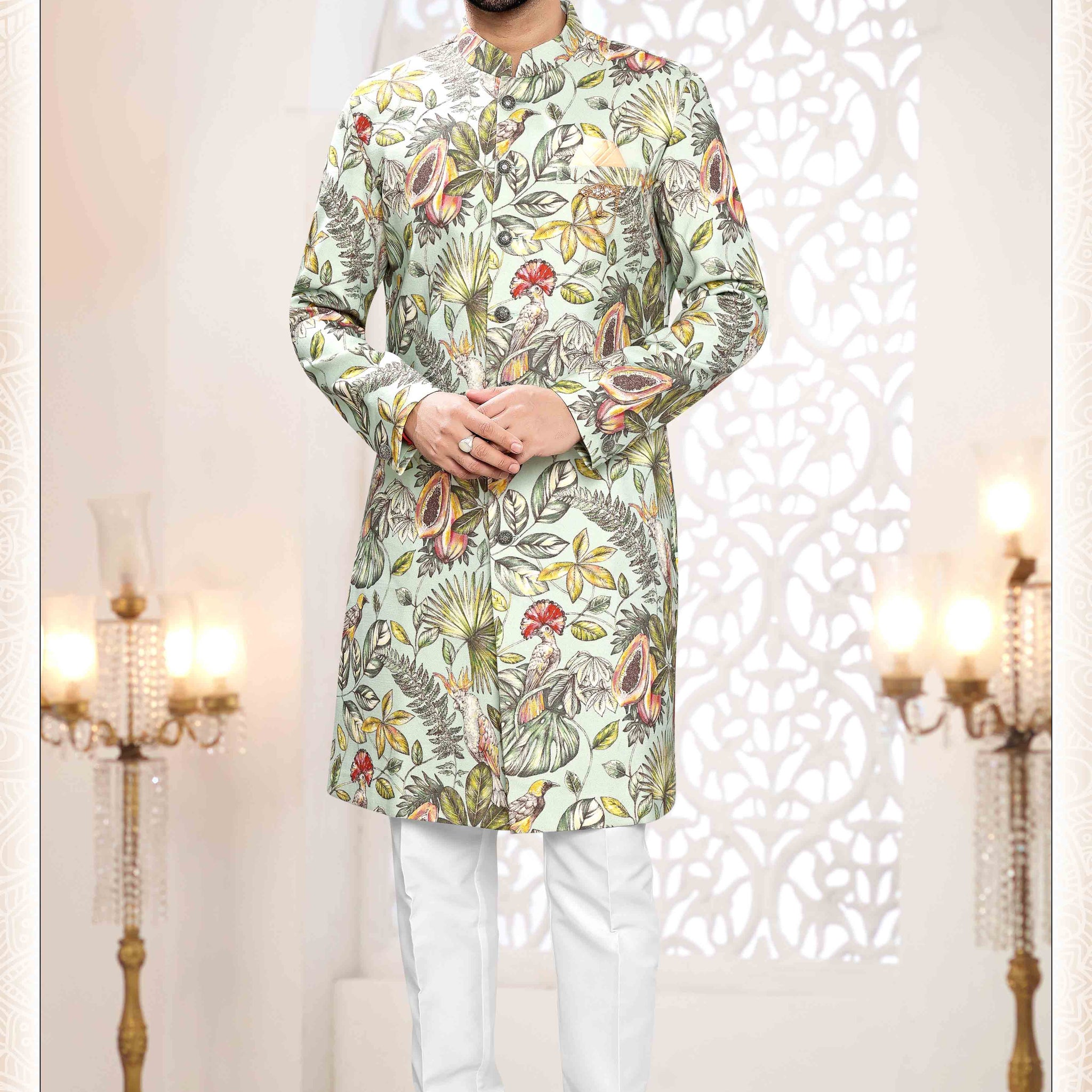 Printed Linen Sherwani In Green