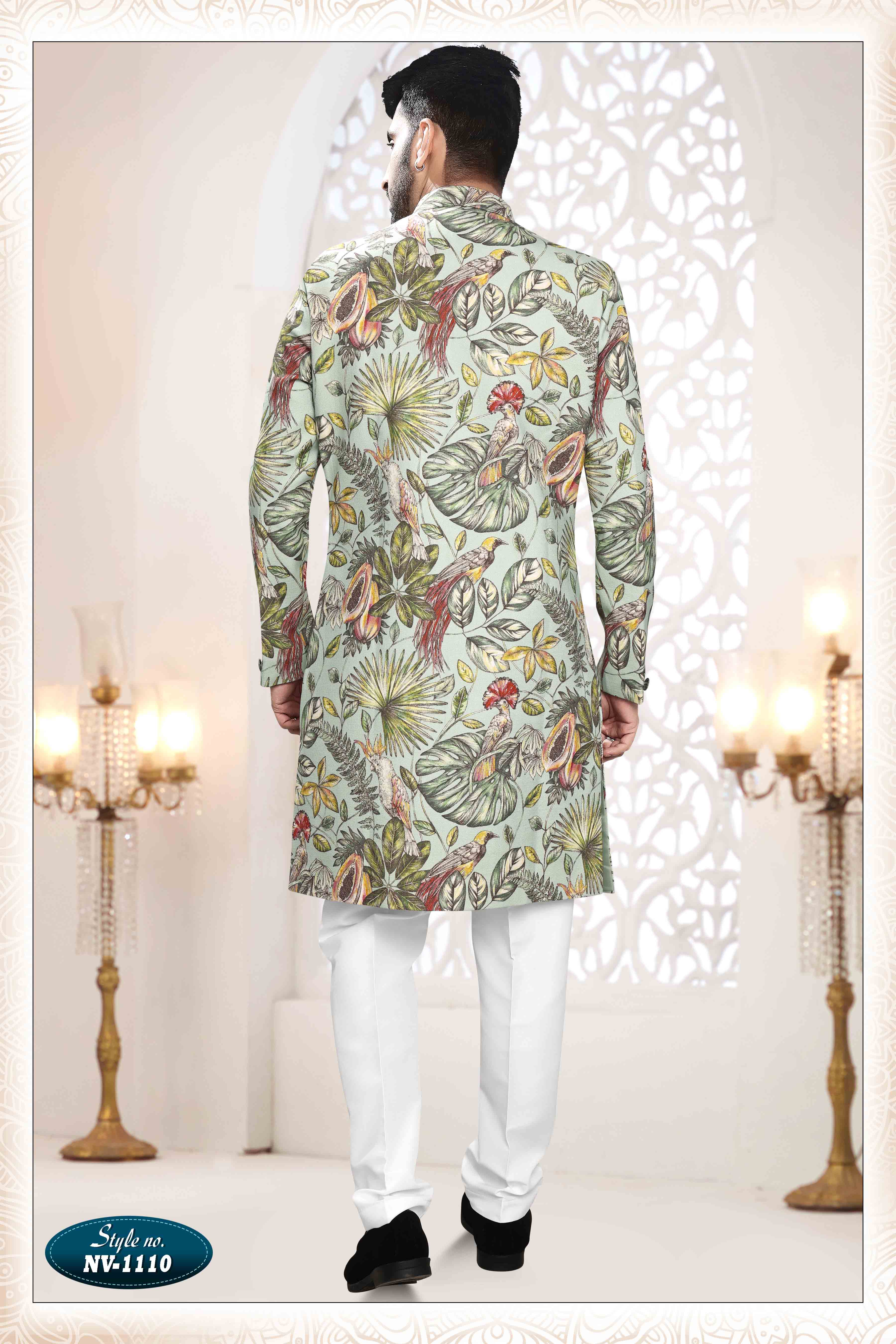 Printed Linen Sherwani In Green