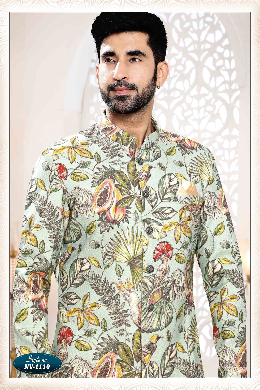Printed Linen Sherwani In Green