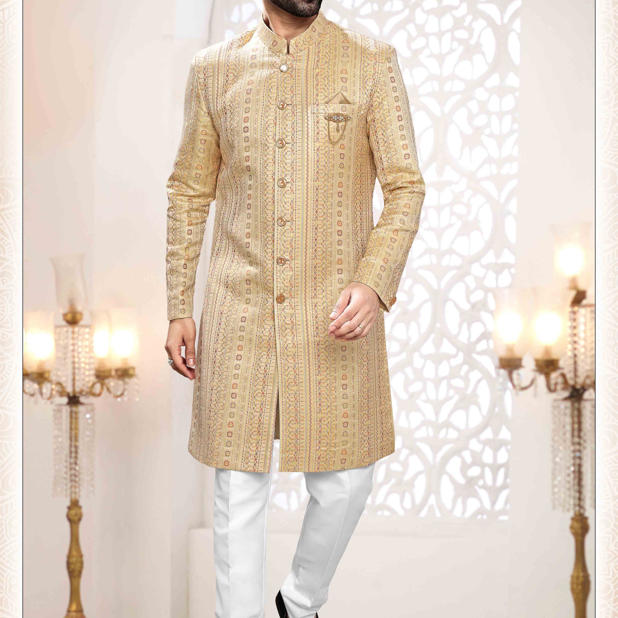 Woven Art Silk Jacquard Sherwani in YELLOW